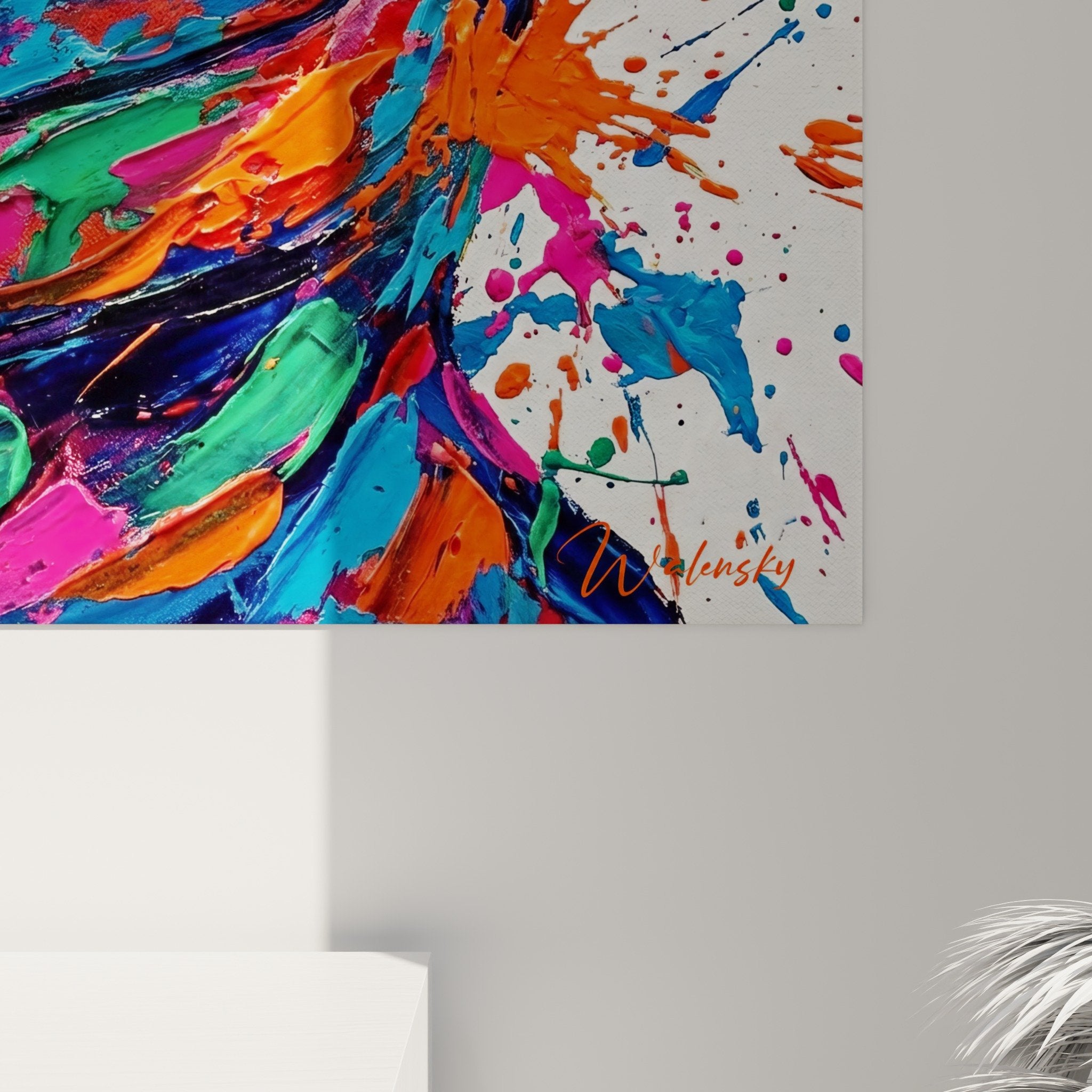 Gesamtansicht expressionistisches Salamander-Gemälde zeitgenössiges Wohnzimmer Wanddekoration abstrakte Kunst explosive Farben