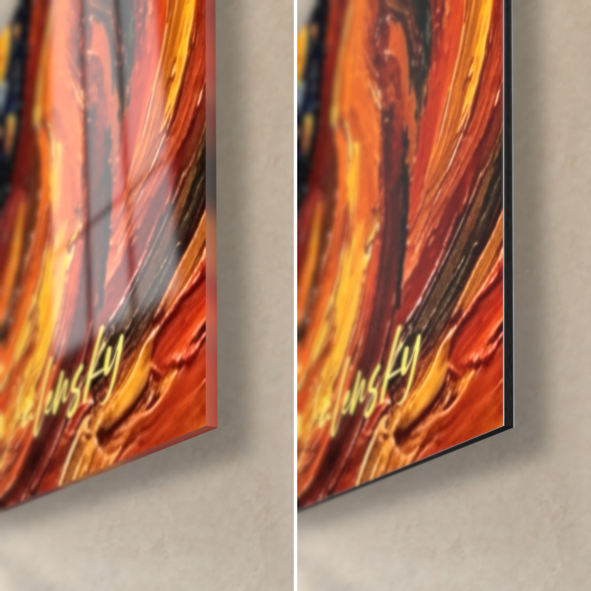 Gemälde Feuersalamander in dickem Pinselauftrag, Ecke unten rechts: glänzendes Acrylglas mit Reflexen und matt gebürstetes Dibond-Aluminium, 3 mm Kante