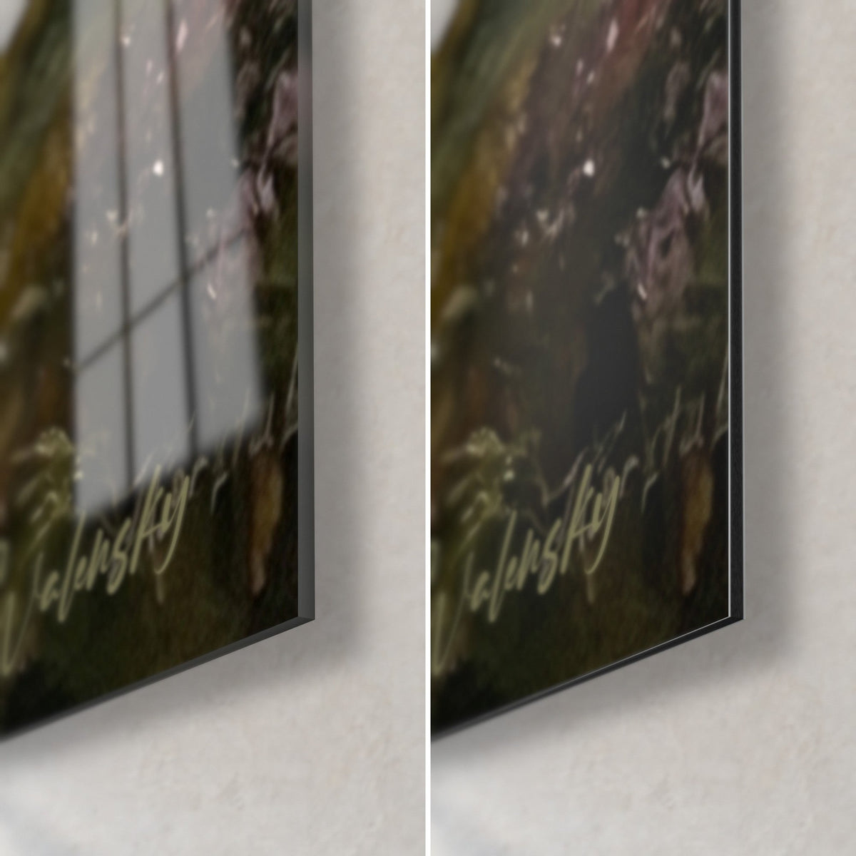 Tableau samoyède crème et bruyère mauve, coin bas droit : verre acrylique brillant à gauche, alu Dibond mat à droite, tranche de 3 mm