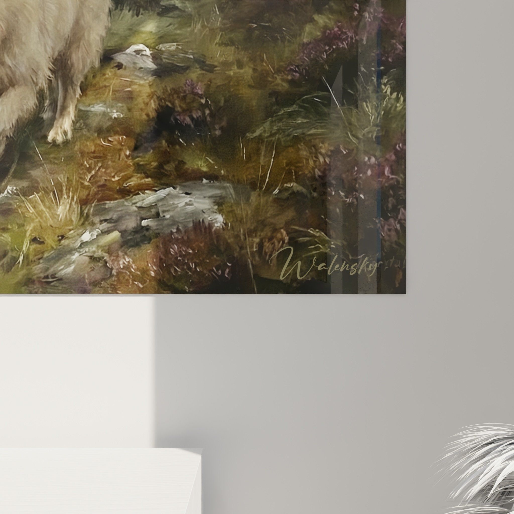 vue ensemble tableau samoyed paysage brumeux decoration interieur style nordique art mural