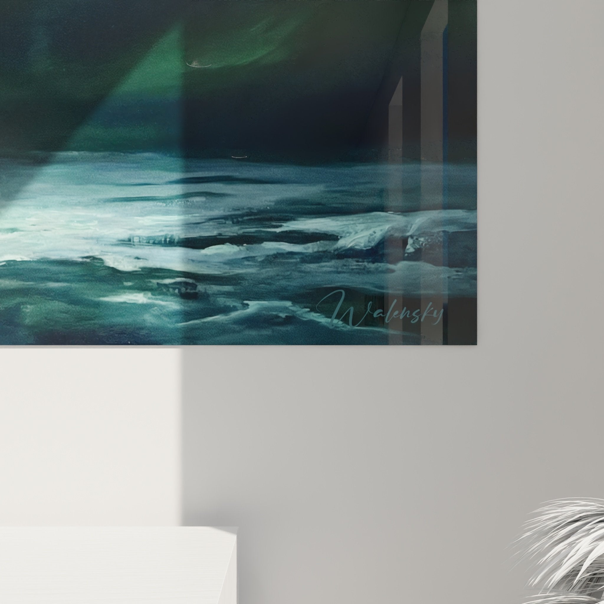 Vue ensemble tableau Samoyede aurores boreales decoration interieur style contemporain nordique