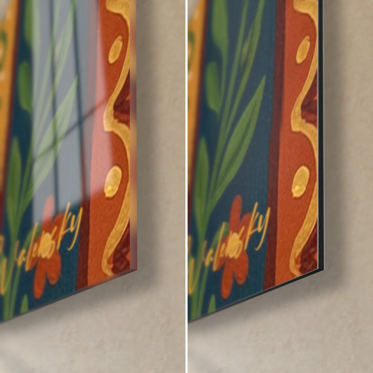 Schilderij portret van een bloemenhond, rechtsonder: glanzend glas met reflecties links, mat Dibond aluminium rechts, dunne rand