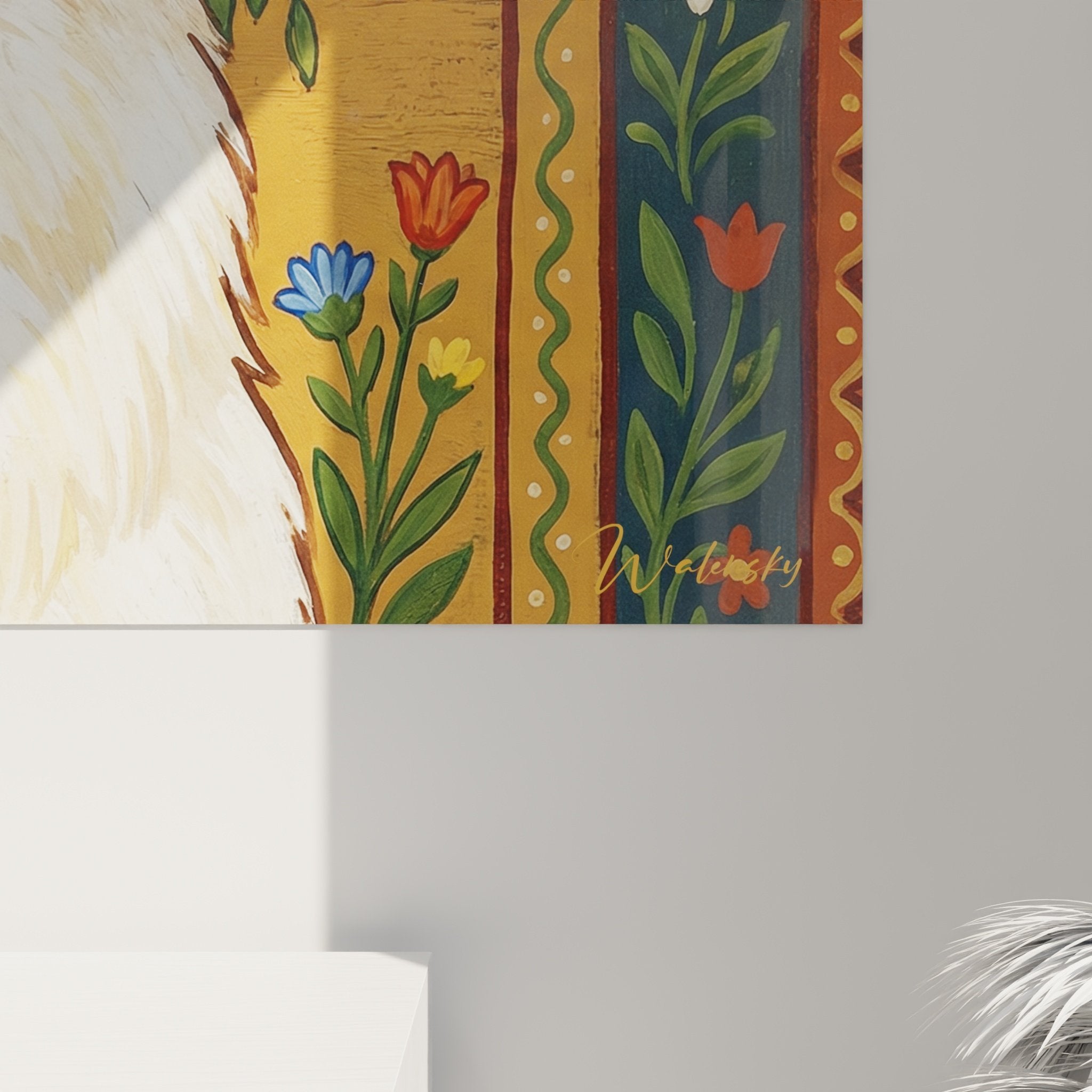 Vue ensemble tableau Samoyede couronne florale bordures décoratives bleues motifs traditionnels folk