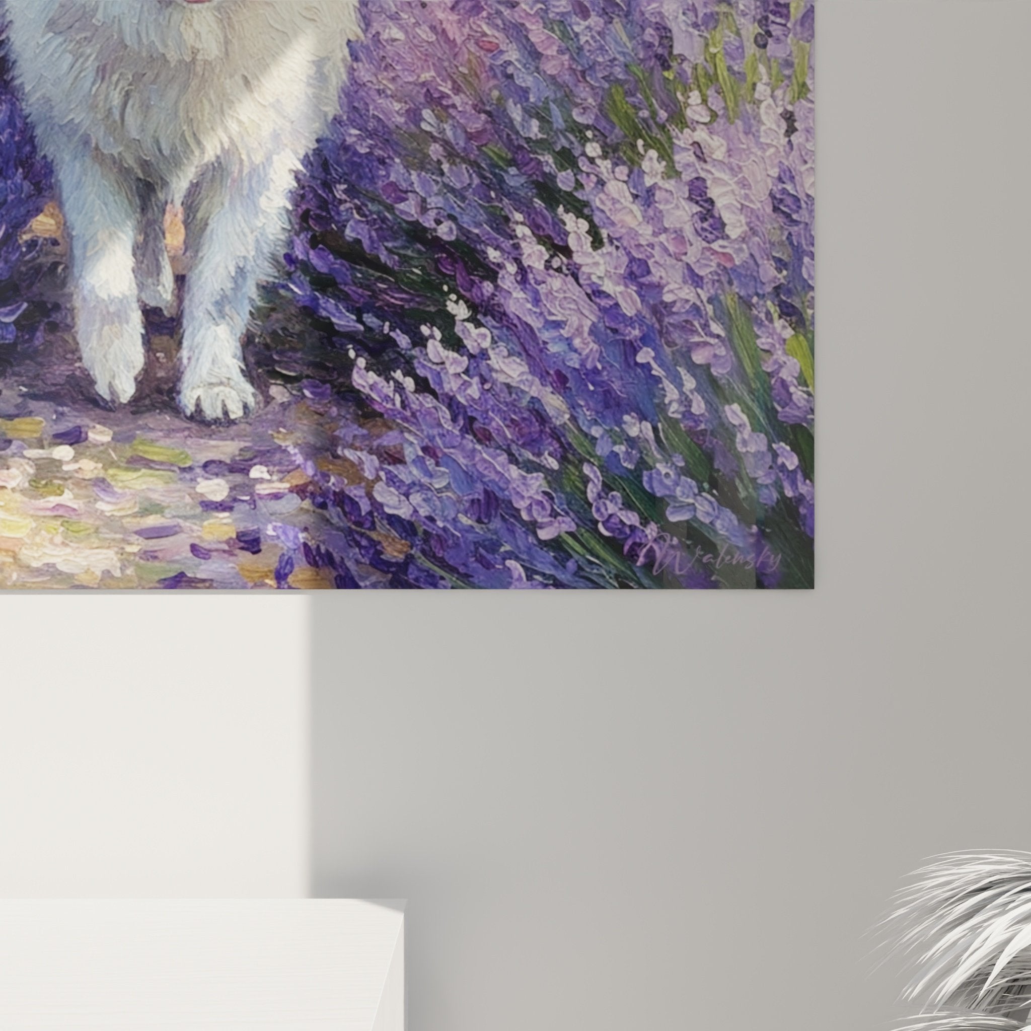 Vue ensemble tableau mural Samoyède champ lavande violet décoration intérieur style provençal nature