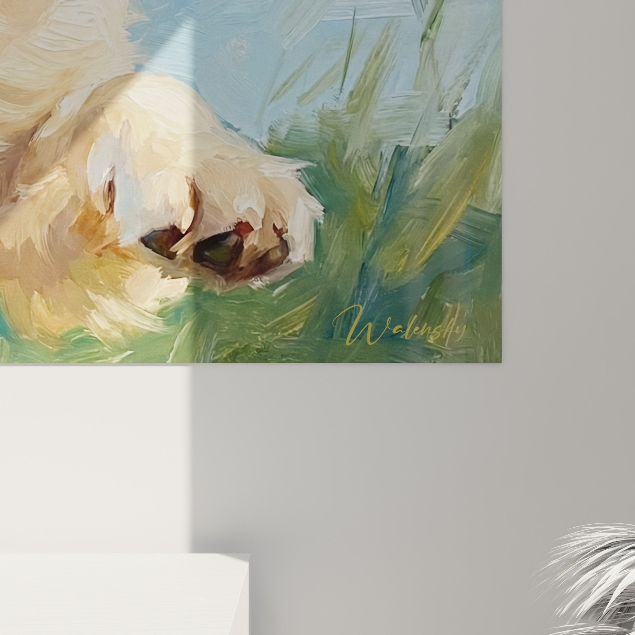 Vue ensemble tableau Samoyede bondissant decoration interieure salon moderne art mural chien nordique heureux