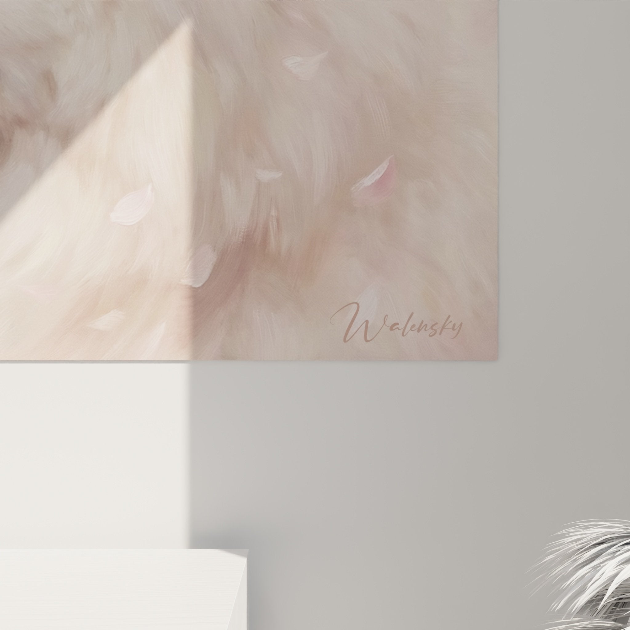 Vue ensemble tableau mural Samoyèdes blancs dans jardin pétales roses art canin décoratif doux