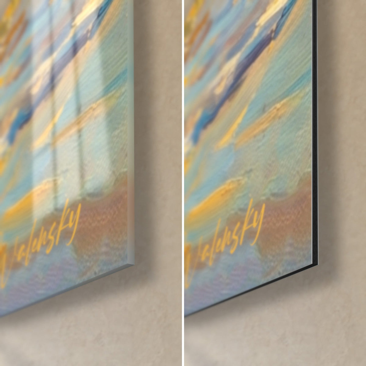 Wall art white dogs, golden Walensky signature at the bottom right, glossy acrylic glass on the left, matt Dibond aluminium and black edge
