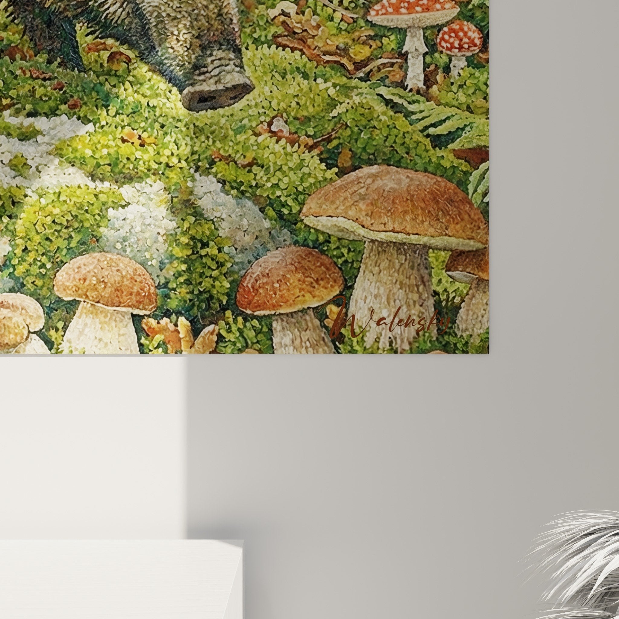 Overall view wild boar forest artwork mosses mushrooms wall art nature detailed artistic style