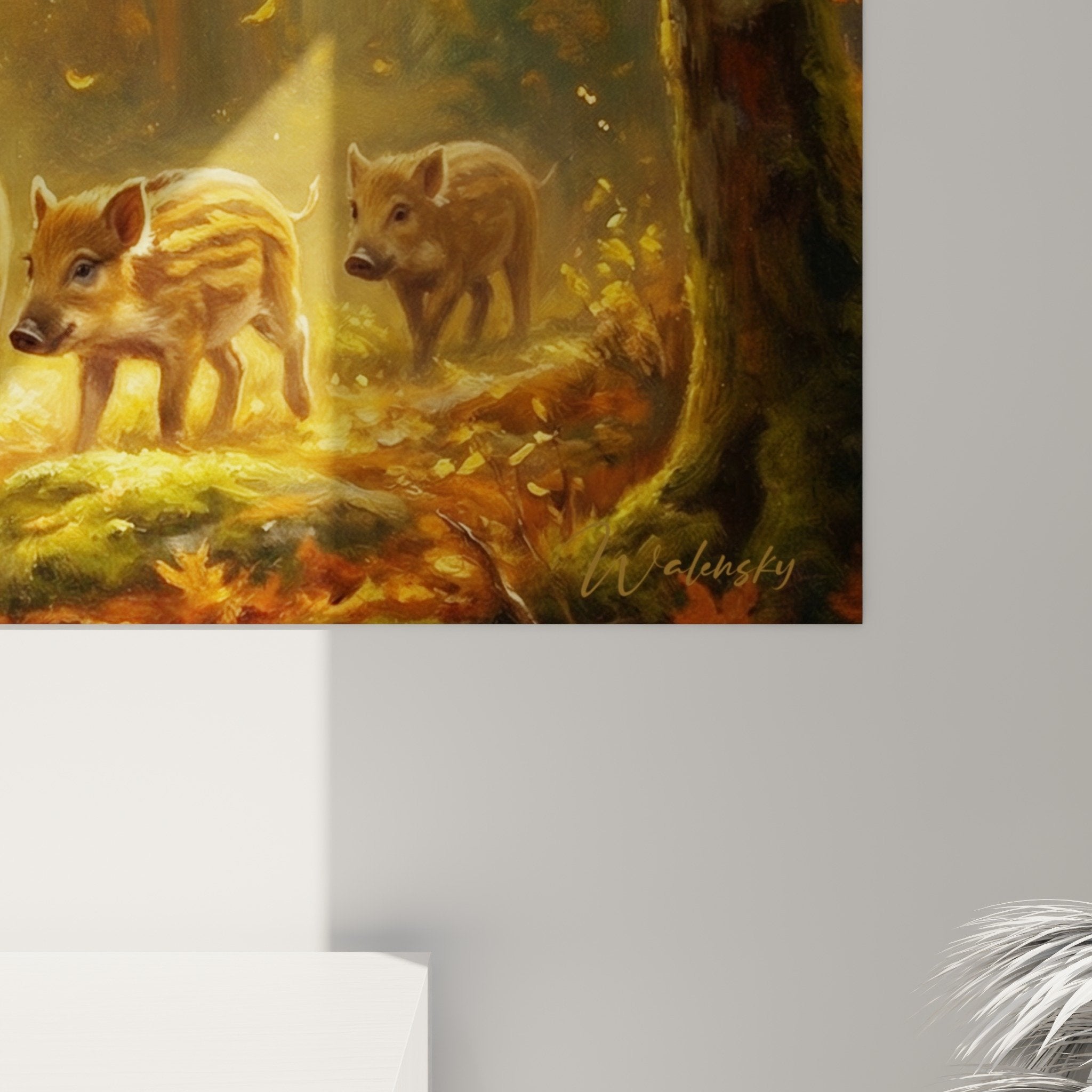 Vue ensemble tableau sangliers foret automne decoration interieur ambiance naturelle tons chauds