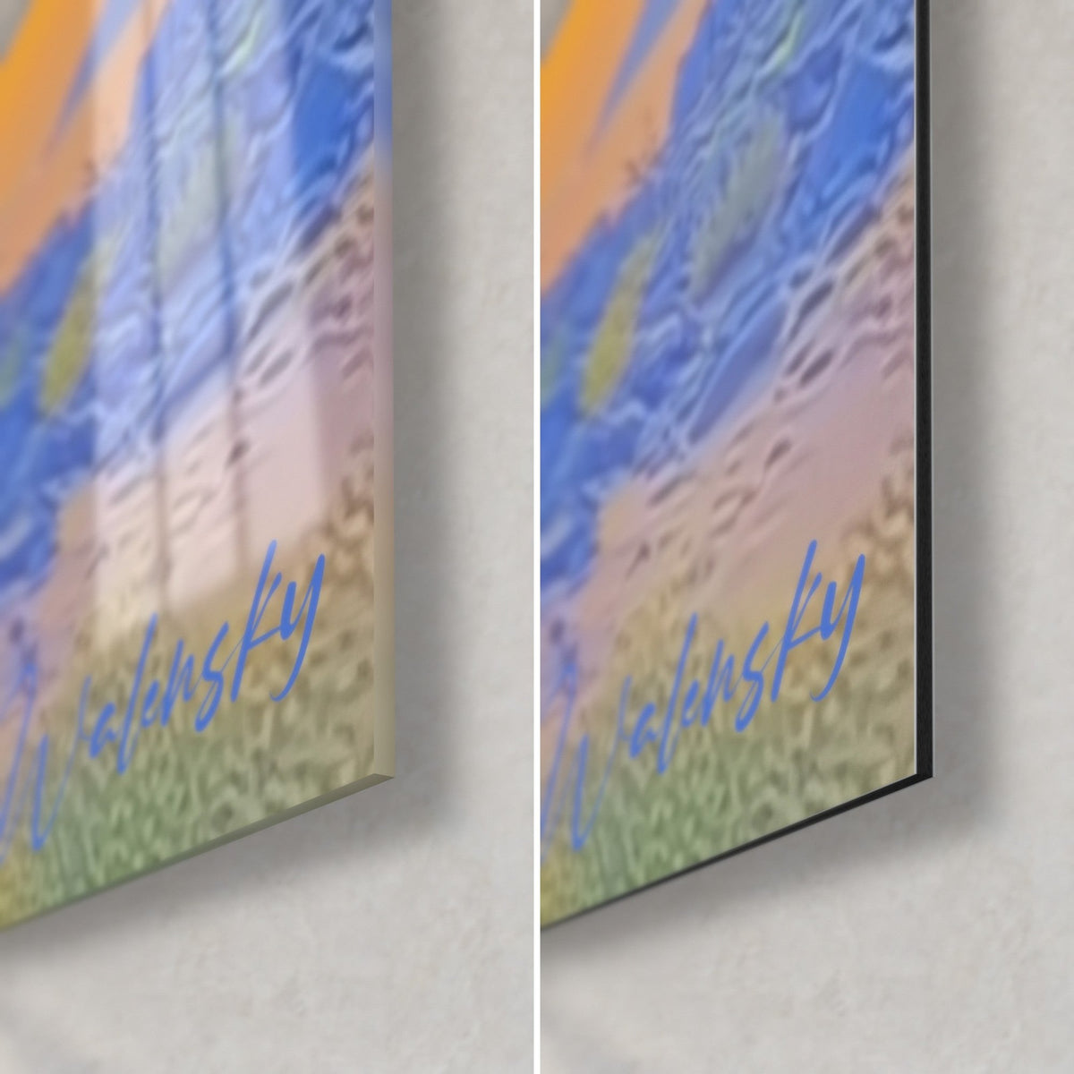 Wall art sculpted turquoise tree canopy, bottom right corner: glossy glass on the left, matte brushed Dibond aluminum on the right, 3 mm thick