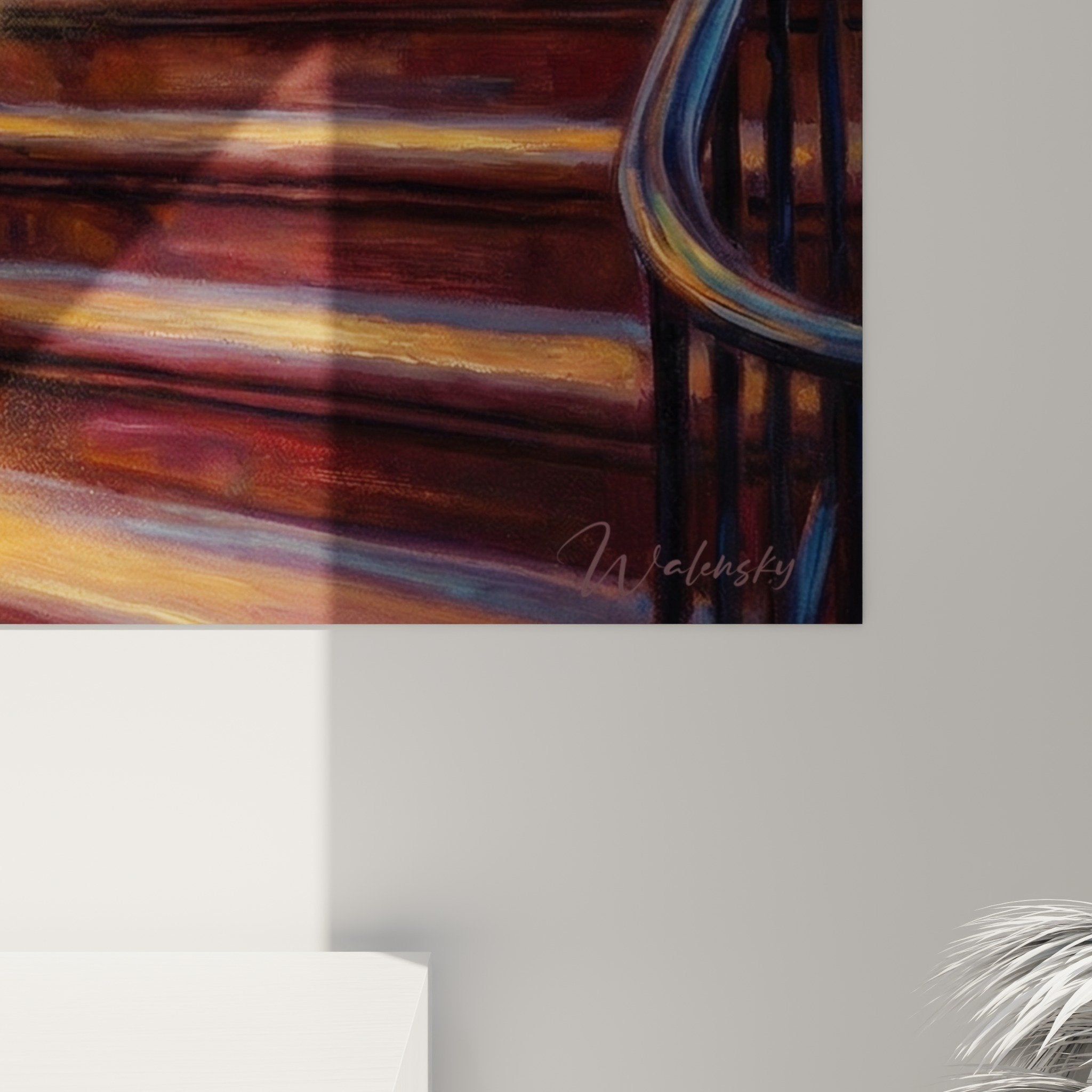 Vue ensemble tableau saxophone jazz escalier brownstone decoration murale tons chauds