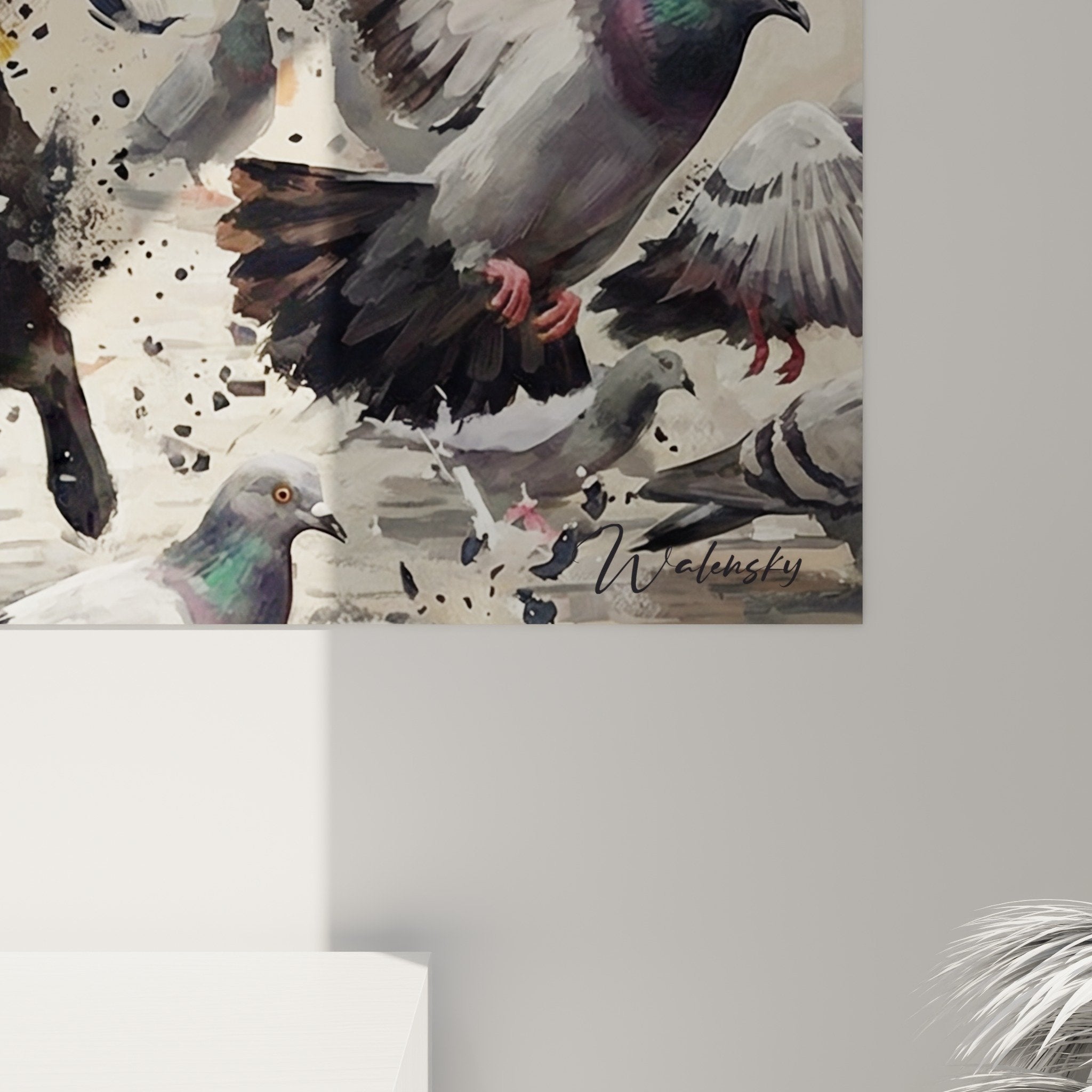 Vue d'ensemble du tableau Schipperke bondissant avec pigeons dans un interieur contemporain lumineux