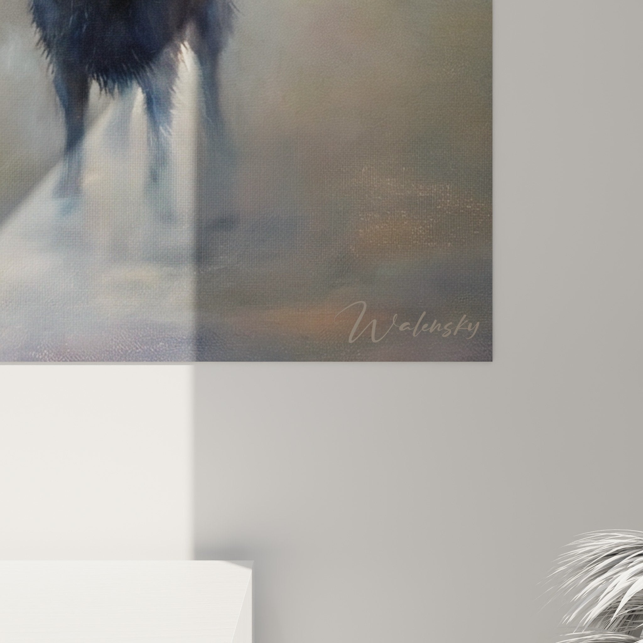 Vista d'insieme quadro Schipperke sotto pioggia stile artistico nebuloso decorazione d'interni raffinata