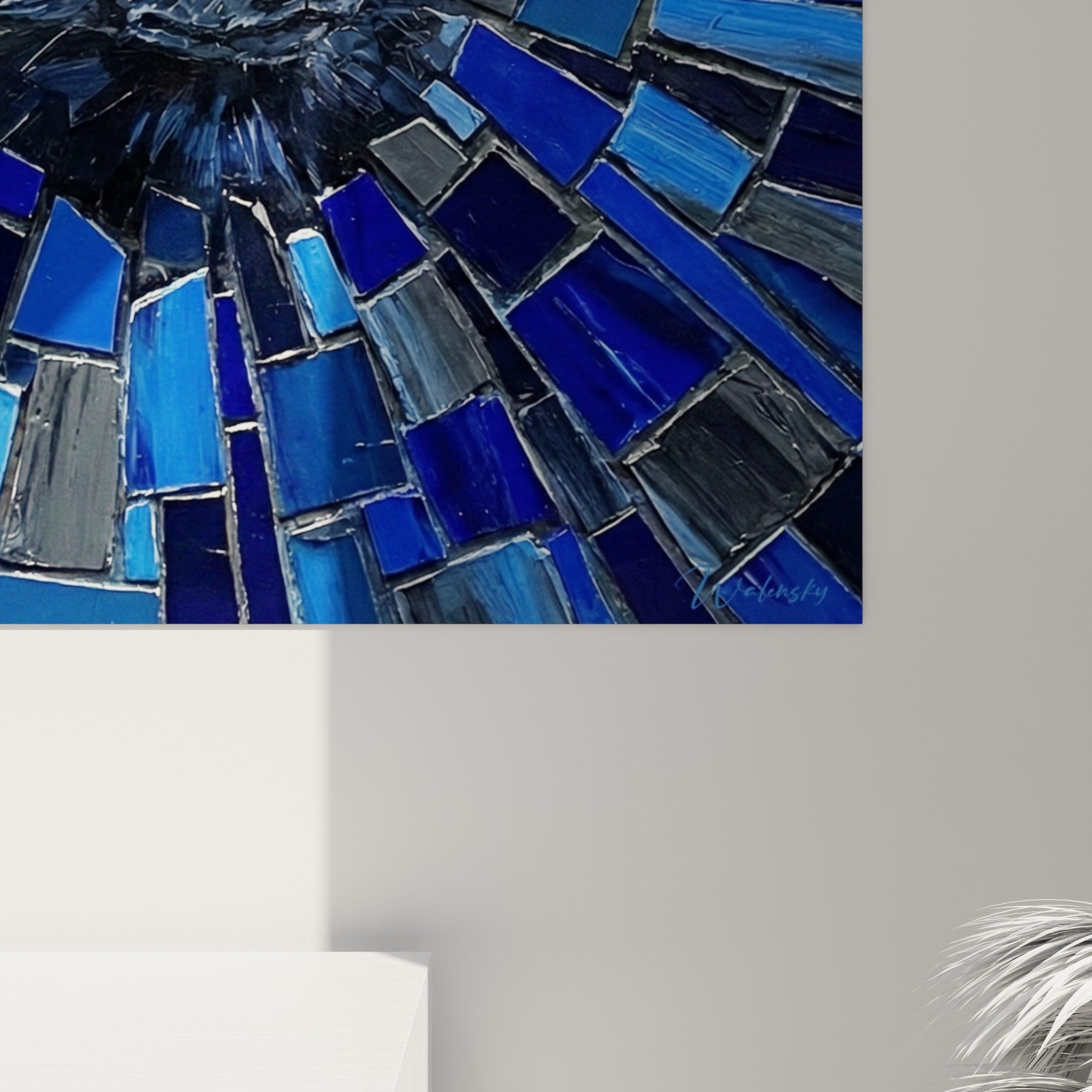 Vue ensemble tableau Schipperke mosaique radiante bleue decoration murale moderne artistique