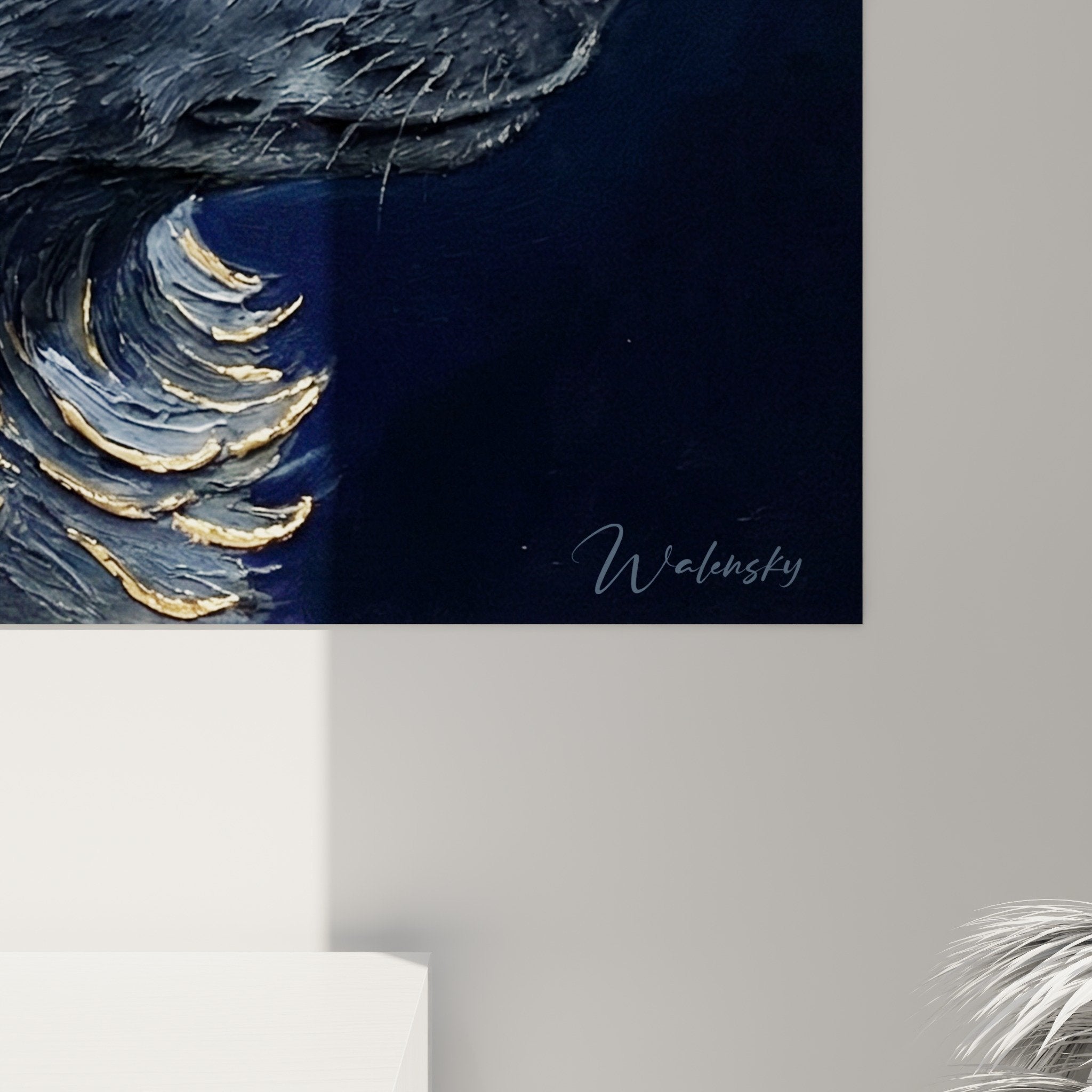 Vue ensemble tableau schipperke salon decoration murale portrait chien tons bleus dores