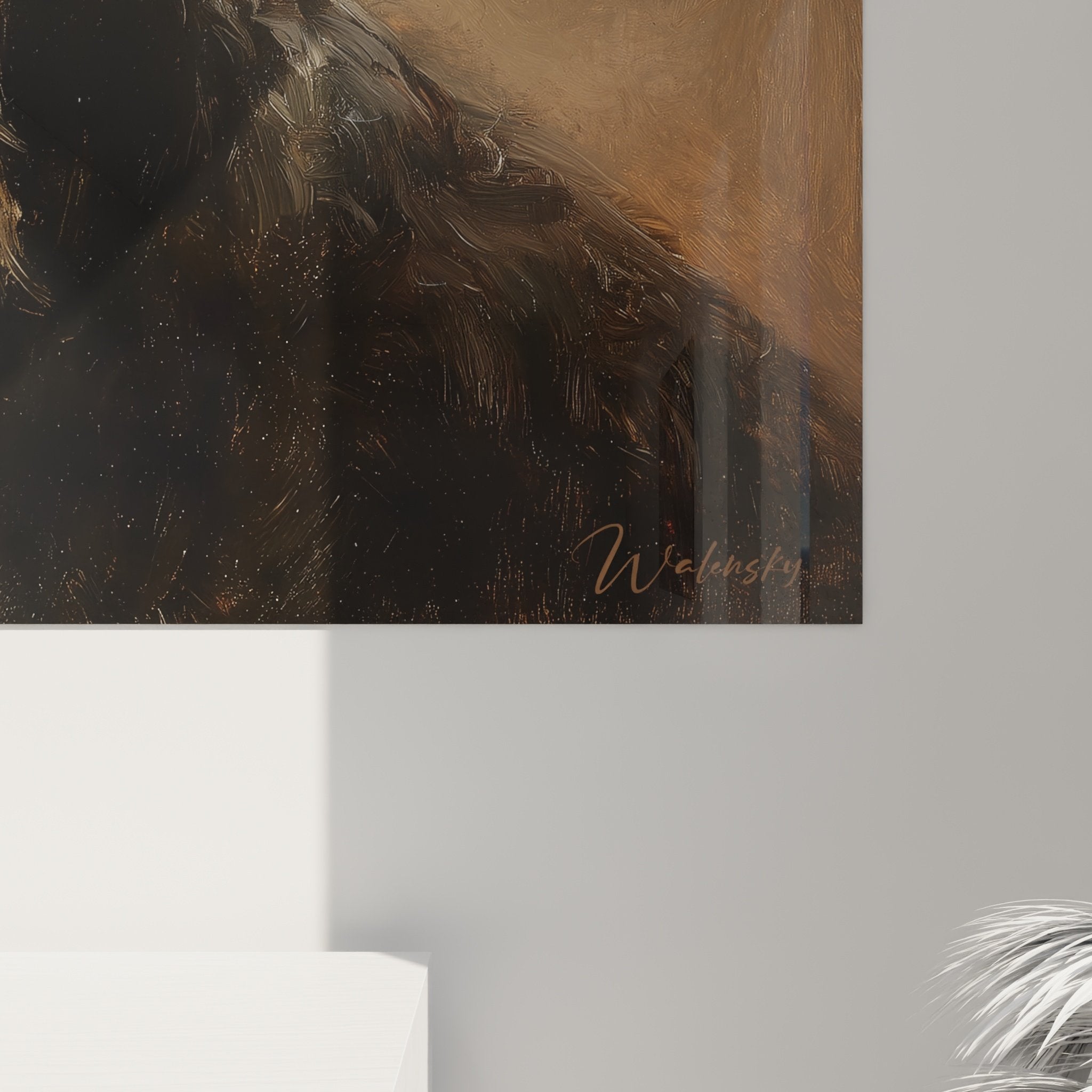 Überblick Schnauzer-Porträt Gemälde, Tierkunstwerk in Braun- und Goldtönen