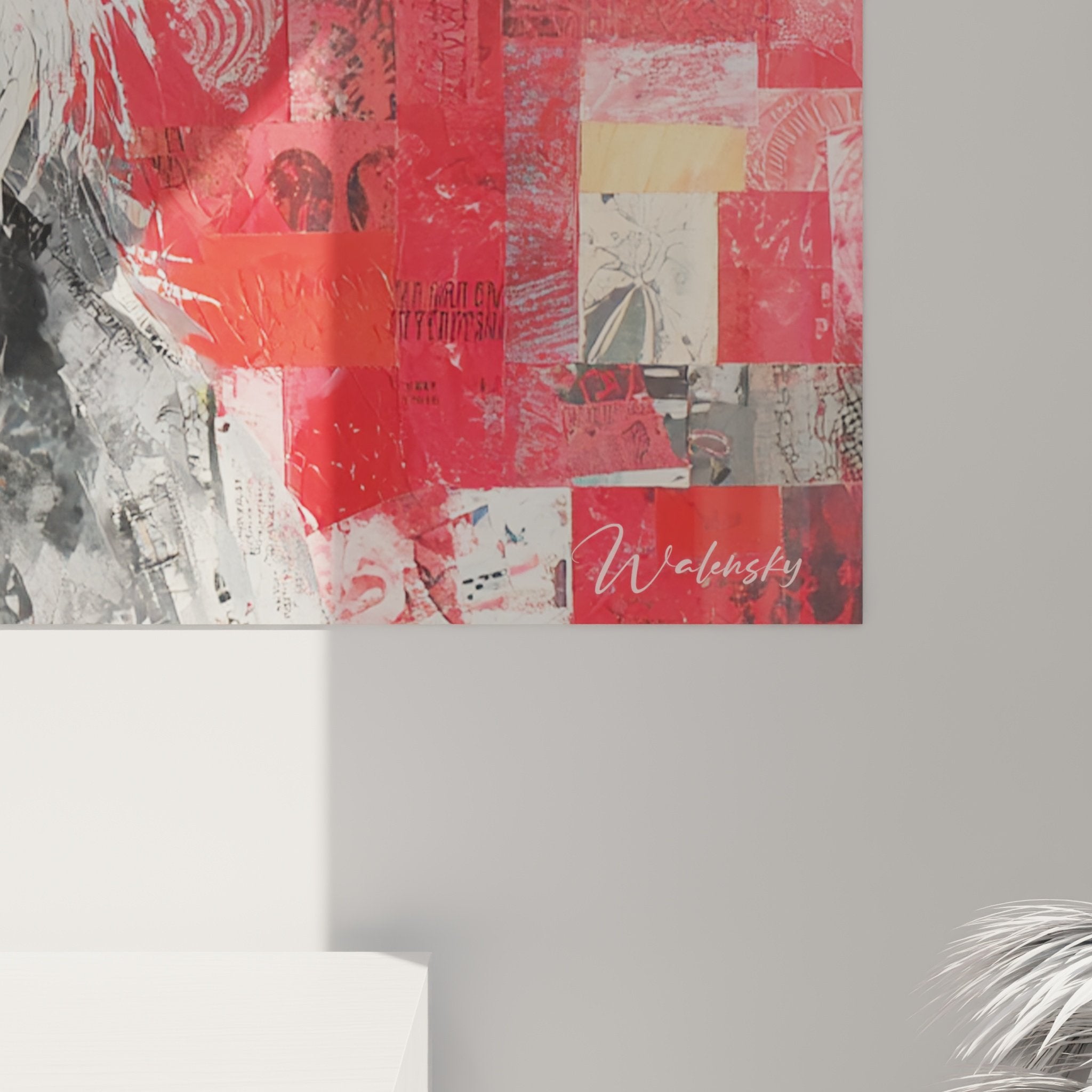 Vue ensemble tableau Schnauzer art contemporain rouge gris decoration interieure moderne murale