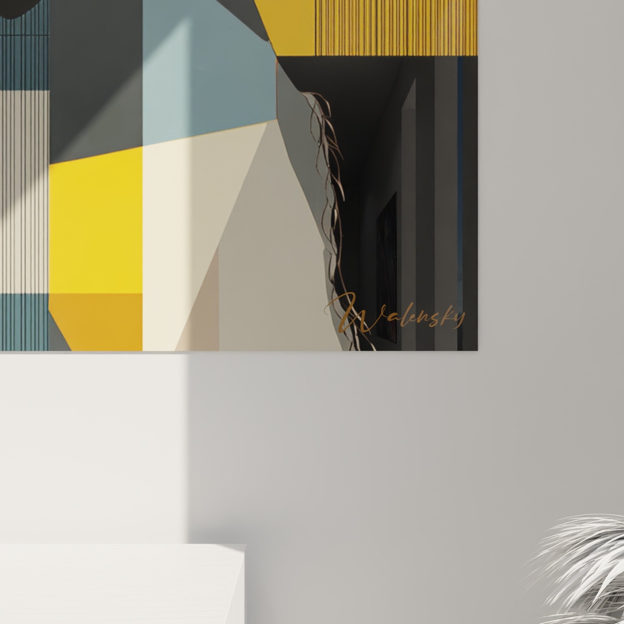 vue ensemble tableau schnauzer geometrique orange gris decoration interieure art canin moderne