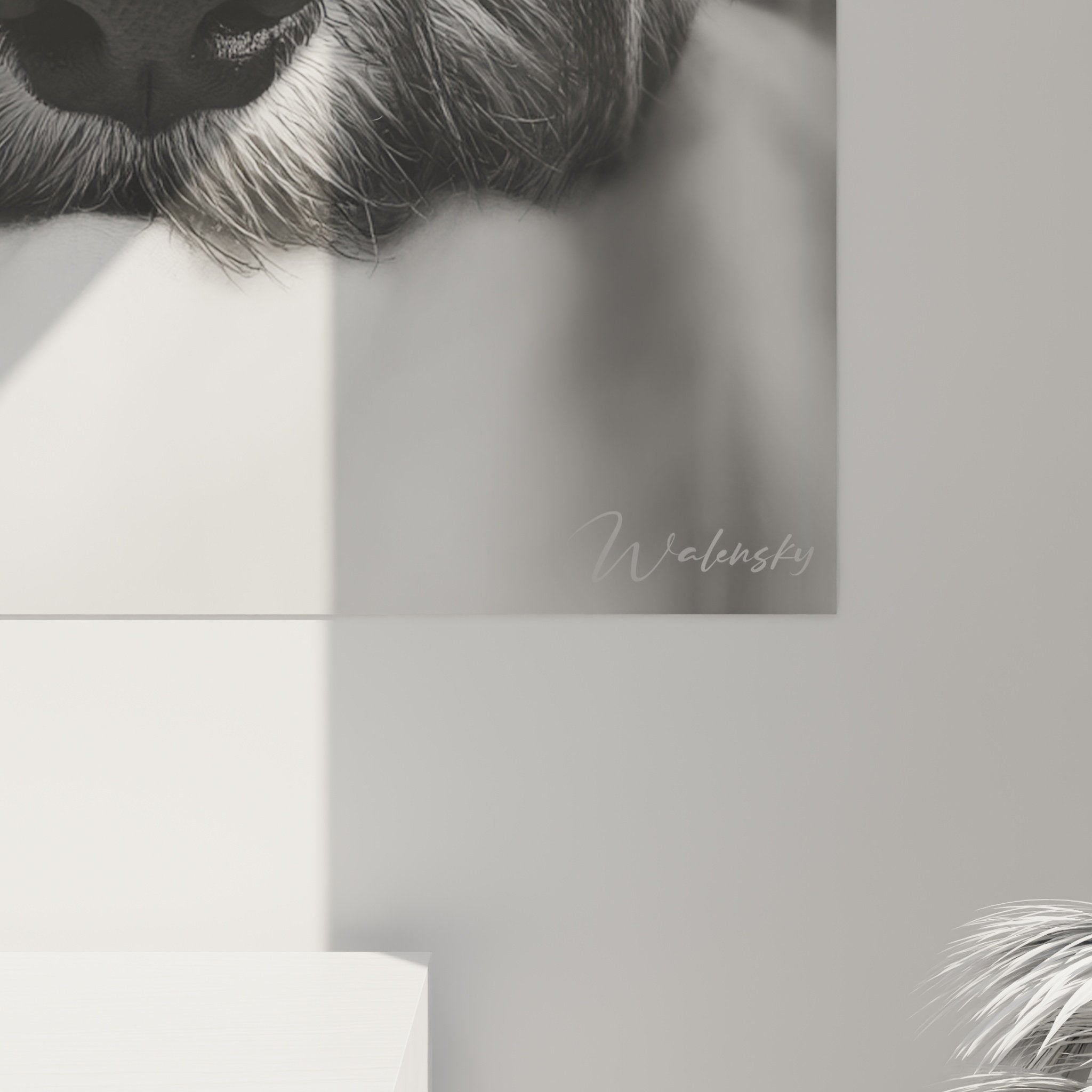 Vue ensemble tableau schnauzer refuge textile decoration murale art contemporain monochrome douceur