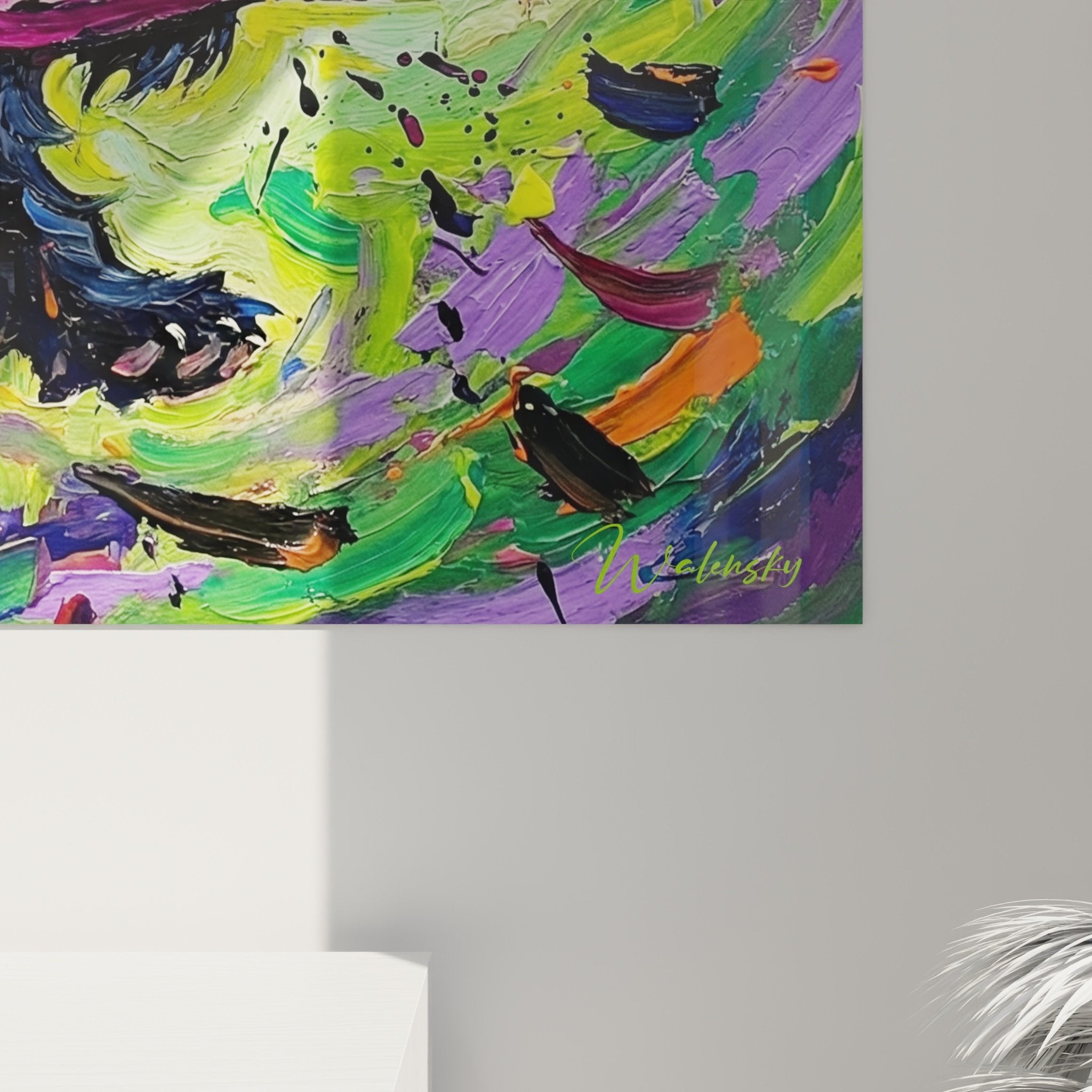 Vue ensemble tableau Scottish terrier tourbillon coloré - œuvre art moderne décoration intérieure