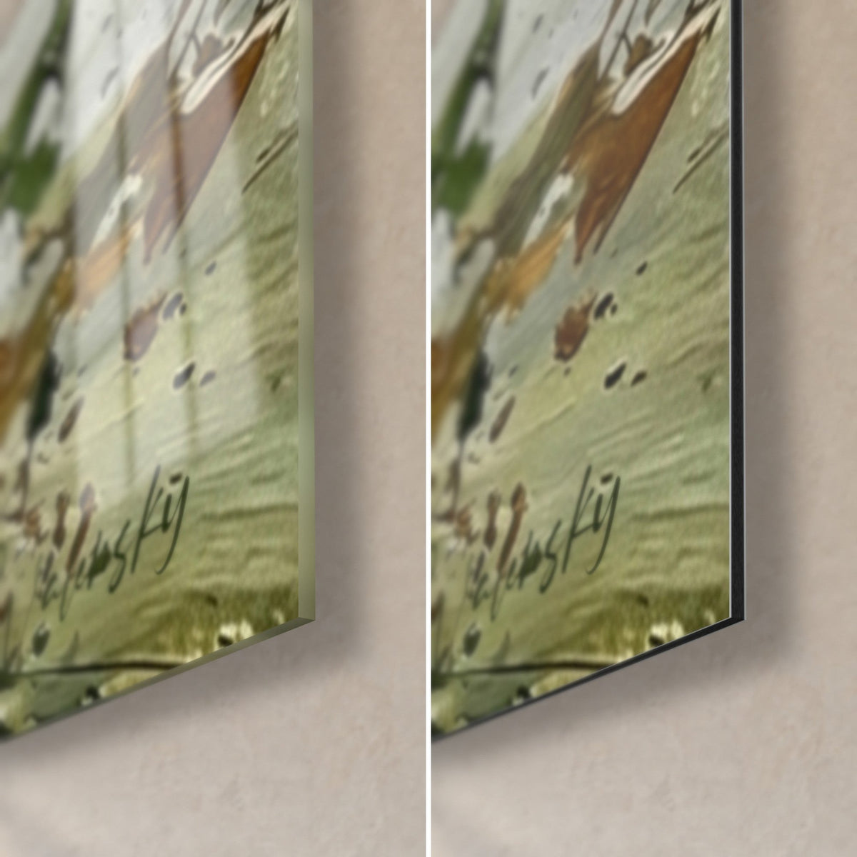 Wall art of a small black leaping dog, bottom right corner: glossy acrylic glass on the left, matte Dibond aluminium on the right, black edge