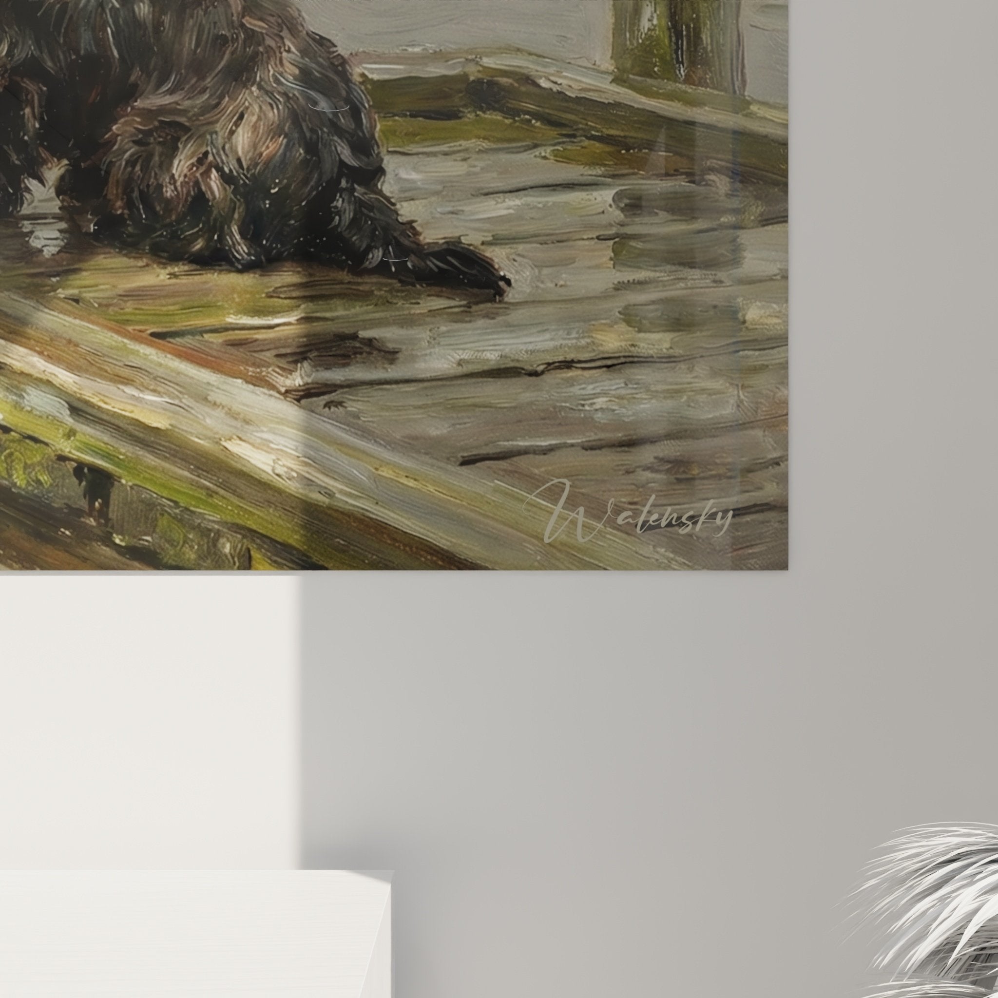 Vue d'ensemble tableau Scottish Terrier ponton de pêche - œuvre marine aux nuances grises dans intérieur
