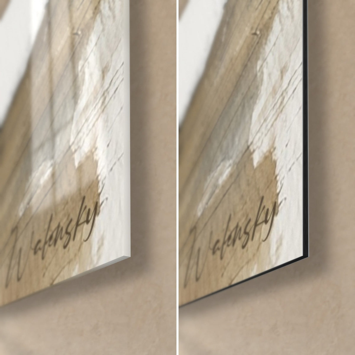 Wall art white teapot and yellow lemon, bottom right corner: glossy acrylic glass on the left, matte black Dibond aluminium on the right, 3 mm edge