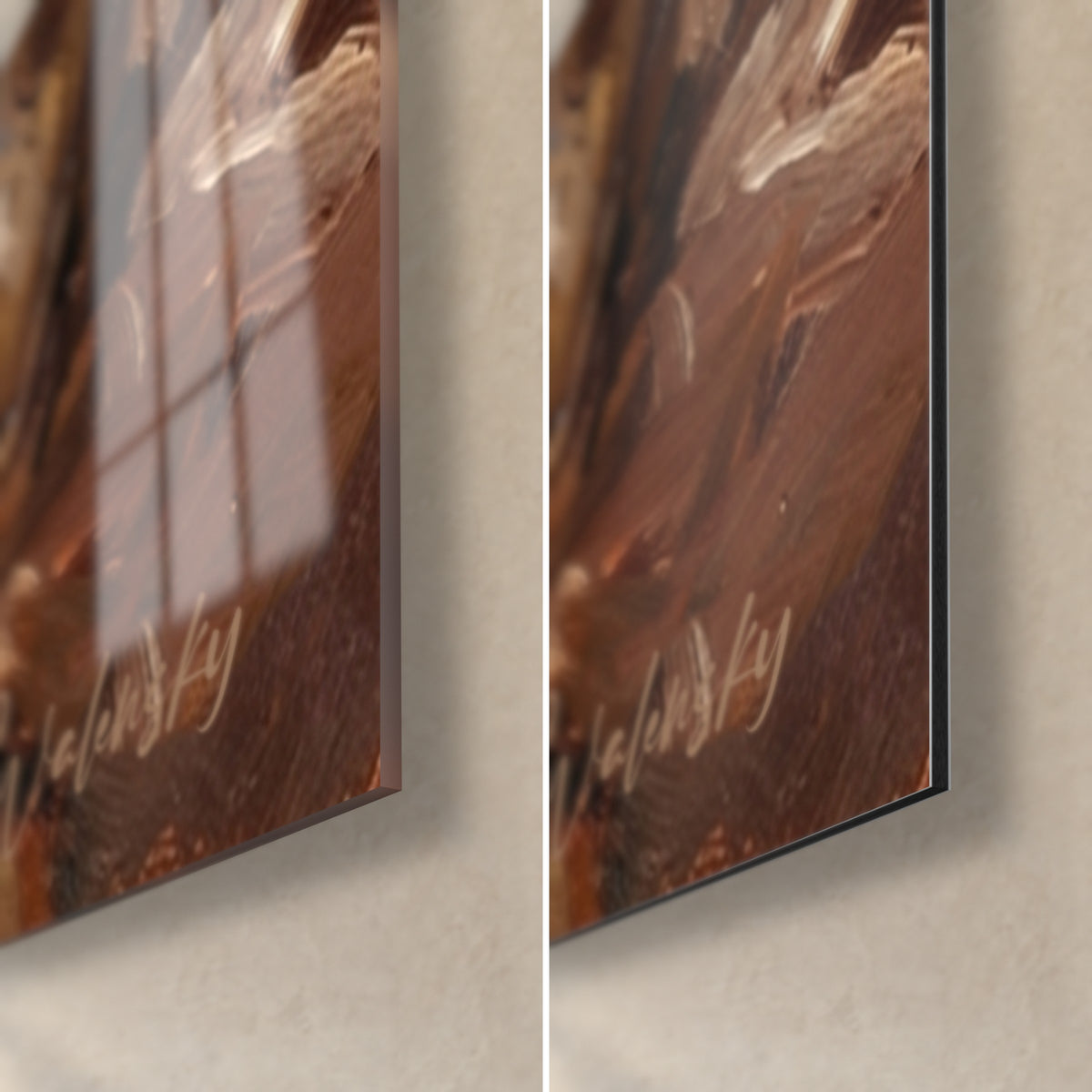 Schilderij witte en oranje hond, rechtsonder: glanzend acrylglas dat het raam weerspiegelt, mat bordeauxrood Dibond, fijne rand