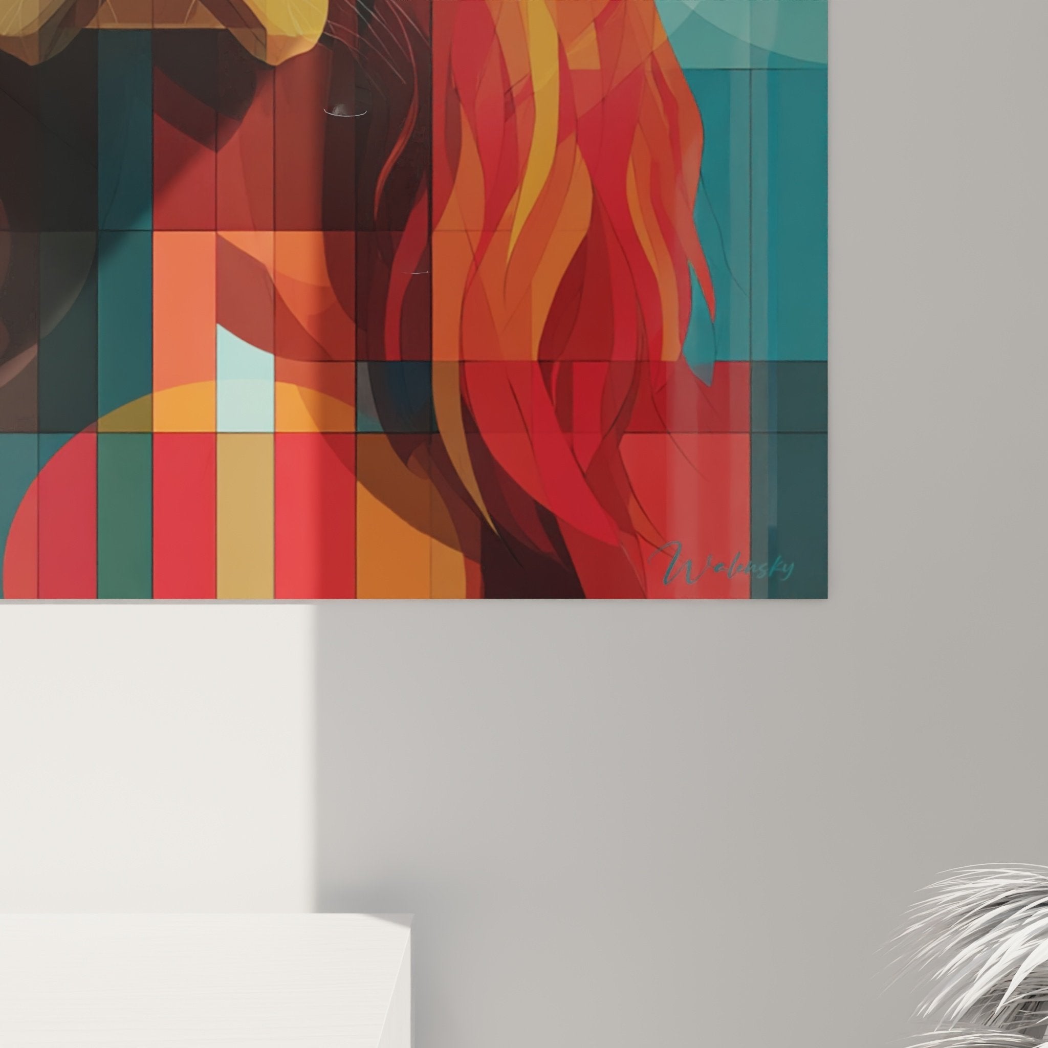 Vue ensemble tableau Setter Irlandais mural salon décoration intérieure art contemporain couleurs vives
