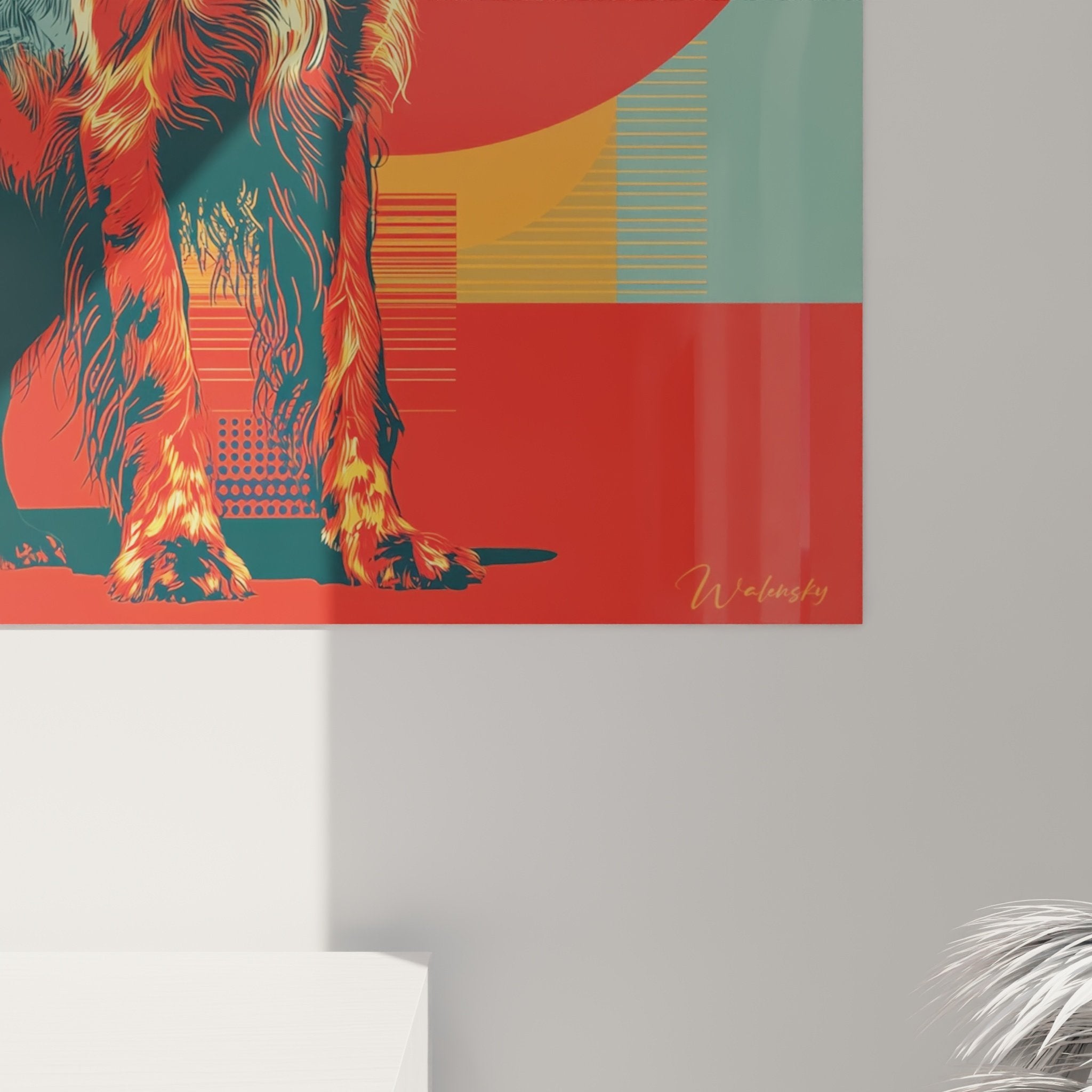 Gesamtansicht modernes irisches Setter-Gemälde grafisches zeitgenössisches Interieur-Design lebendige Farben