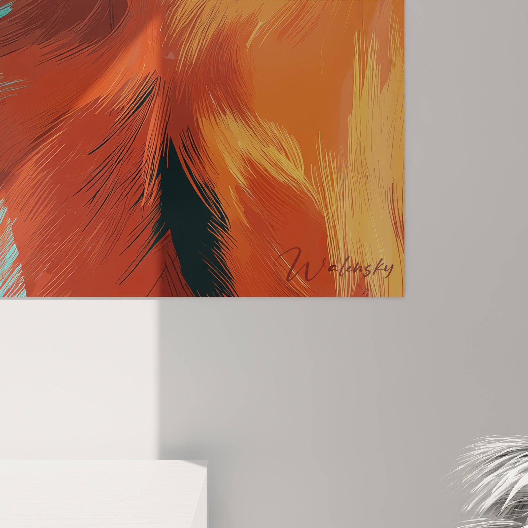 Vista d'insieme quadro setter irlandese rosso su sfondo turchese arredamento interno moderno accogliente