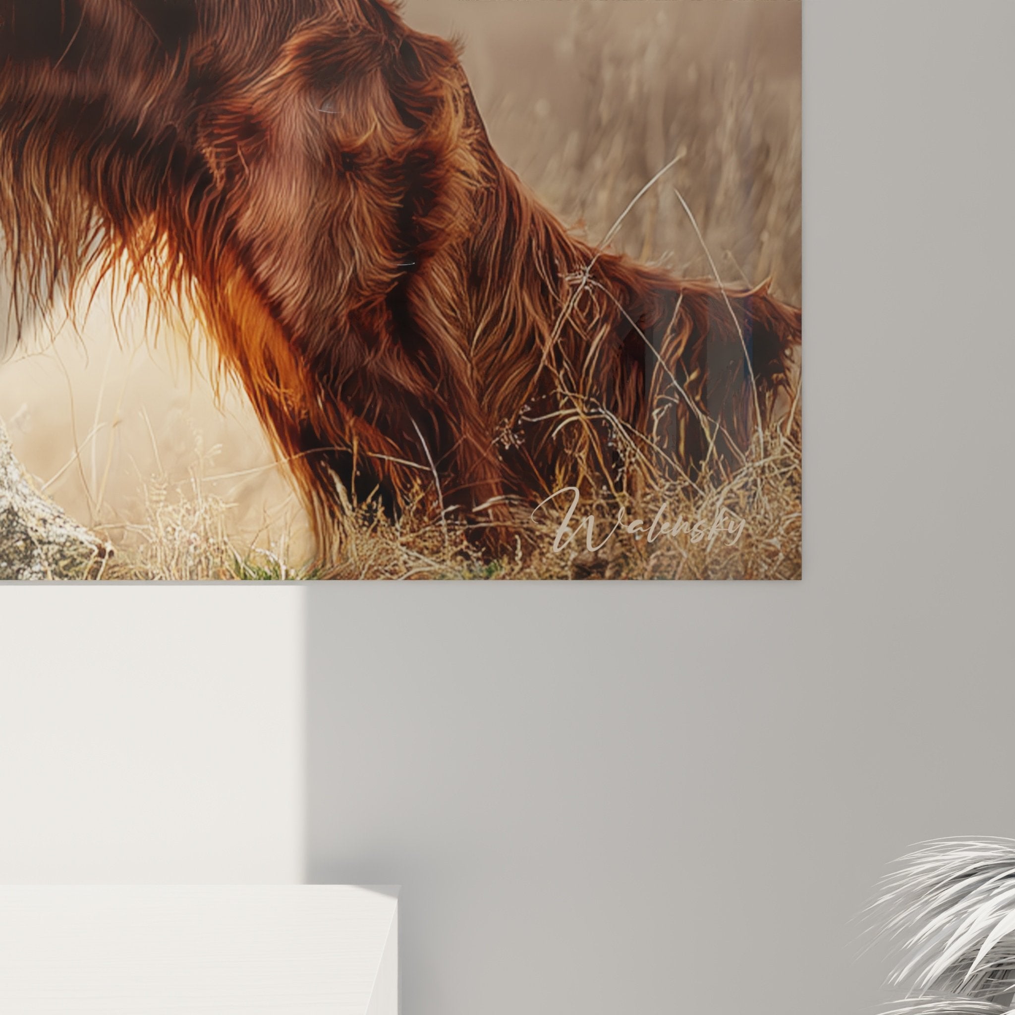 vue ensemble tableau setter irlandais prairie dorée décoration murale élégante tons chauds