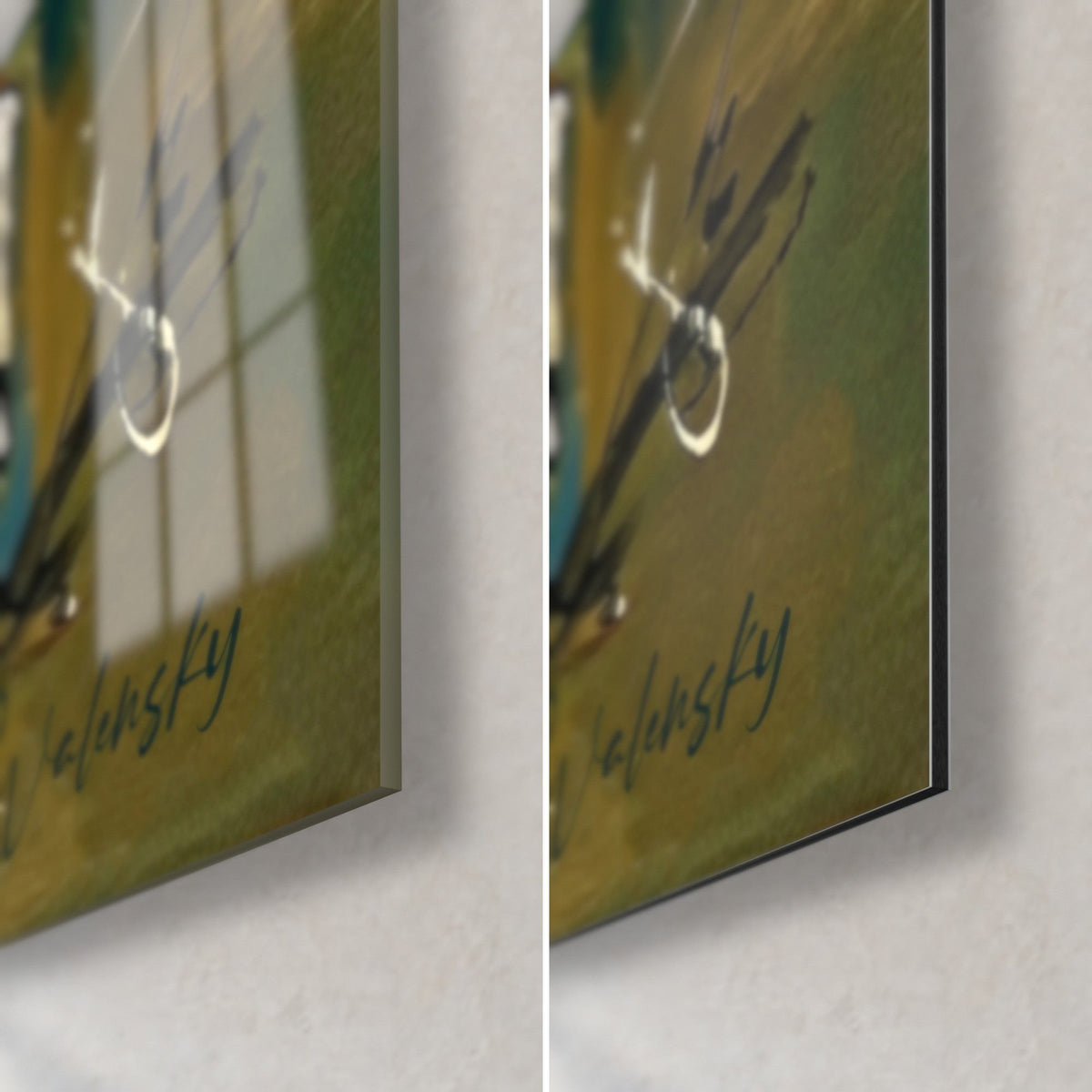 Quadro setter in crema e ocra, angolo in basso a destra: vetro acrilico lucido e alluminio Dibond opaco, spessore 3 mm, firma