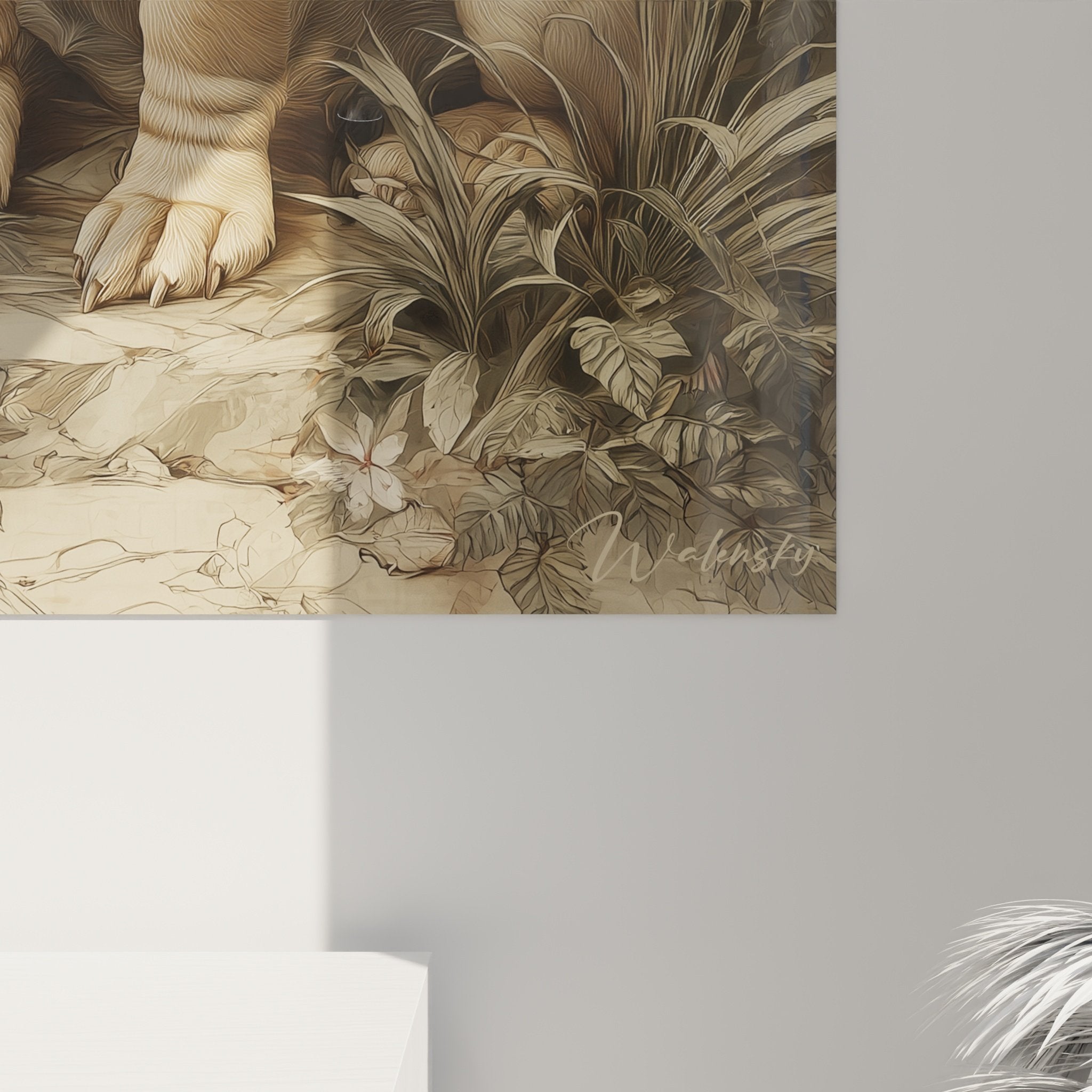 Gesamtansicht des Shar Pei Gemäldes in Beige auf weißem Lotus-Blüten-Hintergrund im Retro-Chic-Dekorationsstil