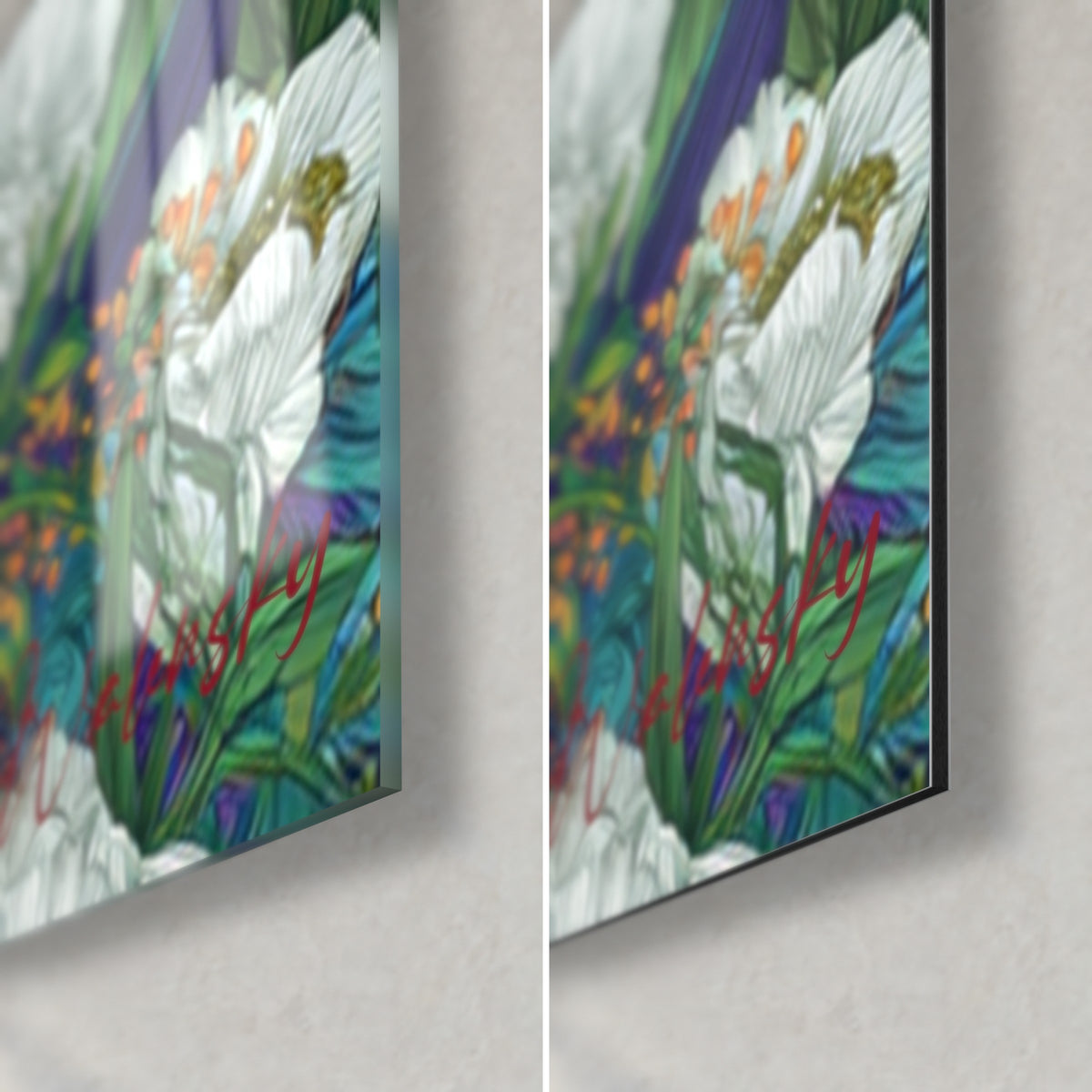 Quadro di shar pei viola, angolo in basso a destra: fiore bianco e foglie verdi, vetro lucido a sinistra, Dibond opaco, bordo 3 mm