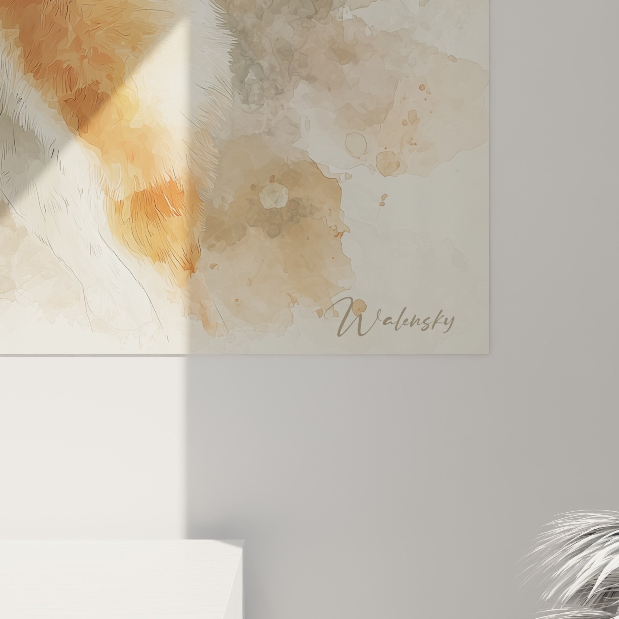 Tableau portrait Shiba Inu aquarelle tons chauds orange blanc decor interieur elegant style contemporain