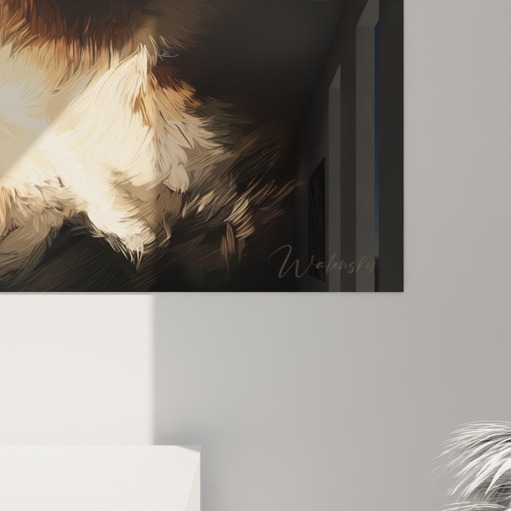 Full view contemplative Shiba Inu artwork modern interior design wall art