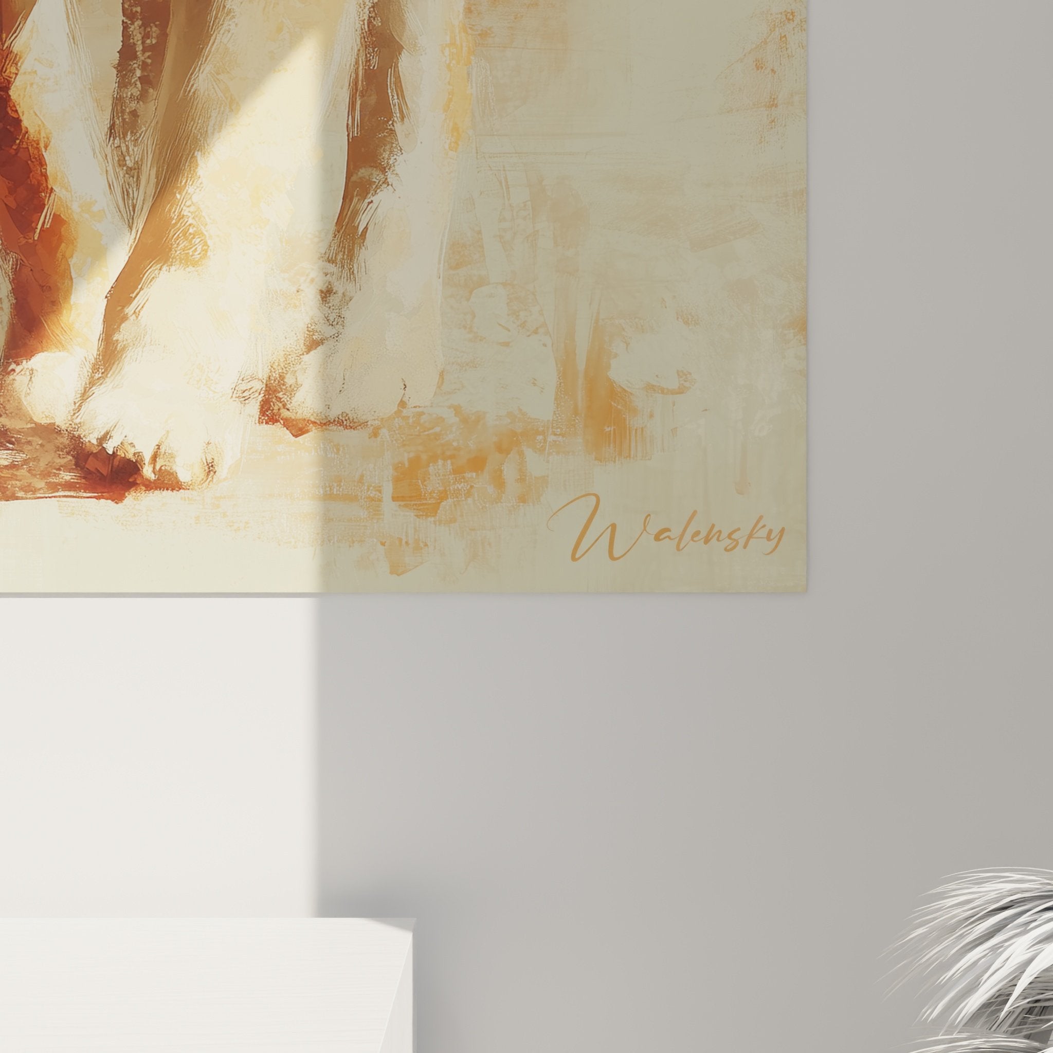 Vue ensemble tableau Shiba Inu lumineux dans salon decoration chaleureuse