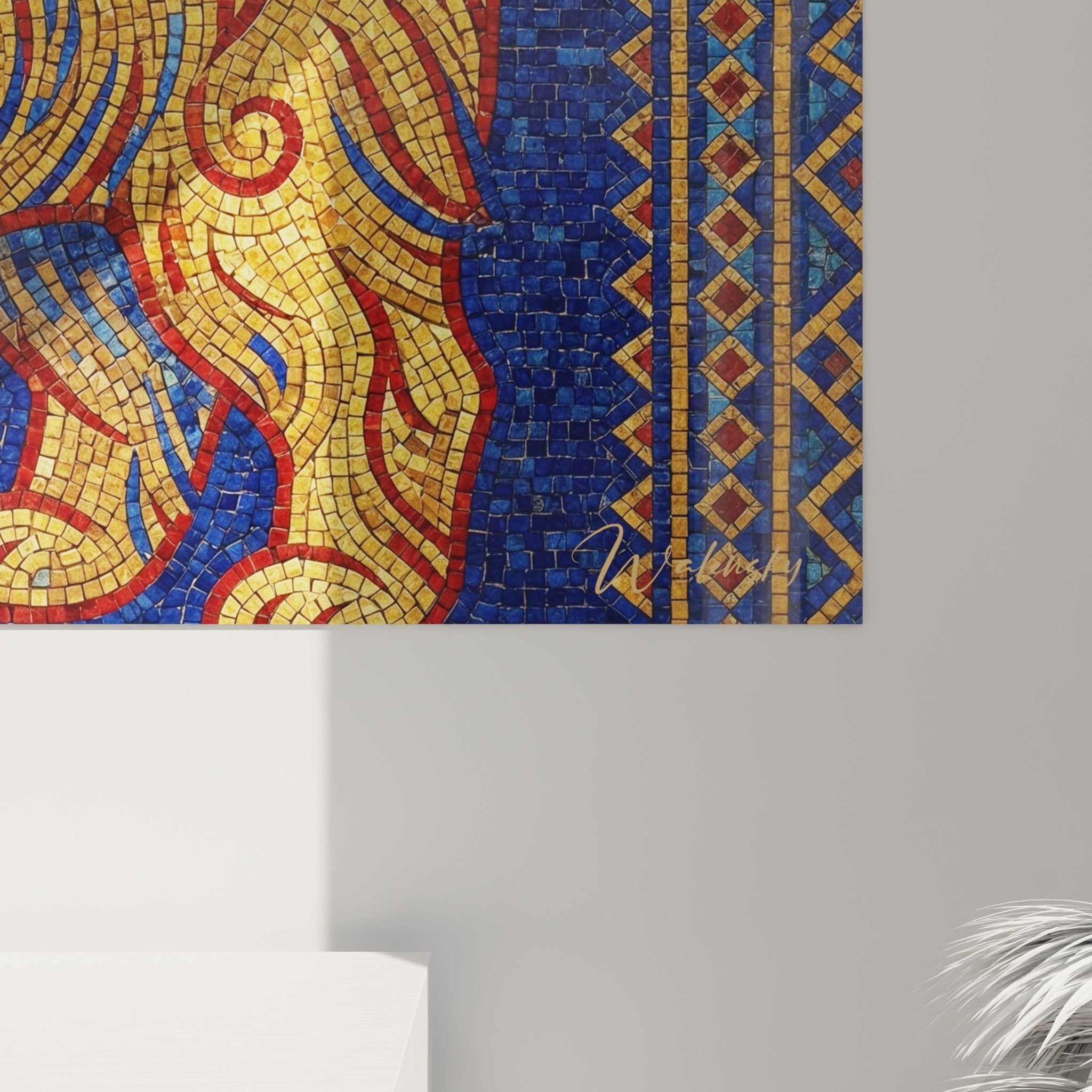 Vue ensemble tableau mosaique shih tzu dore bleu cobalt cadre ornemental motifs geometriques