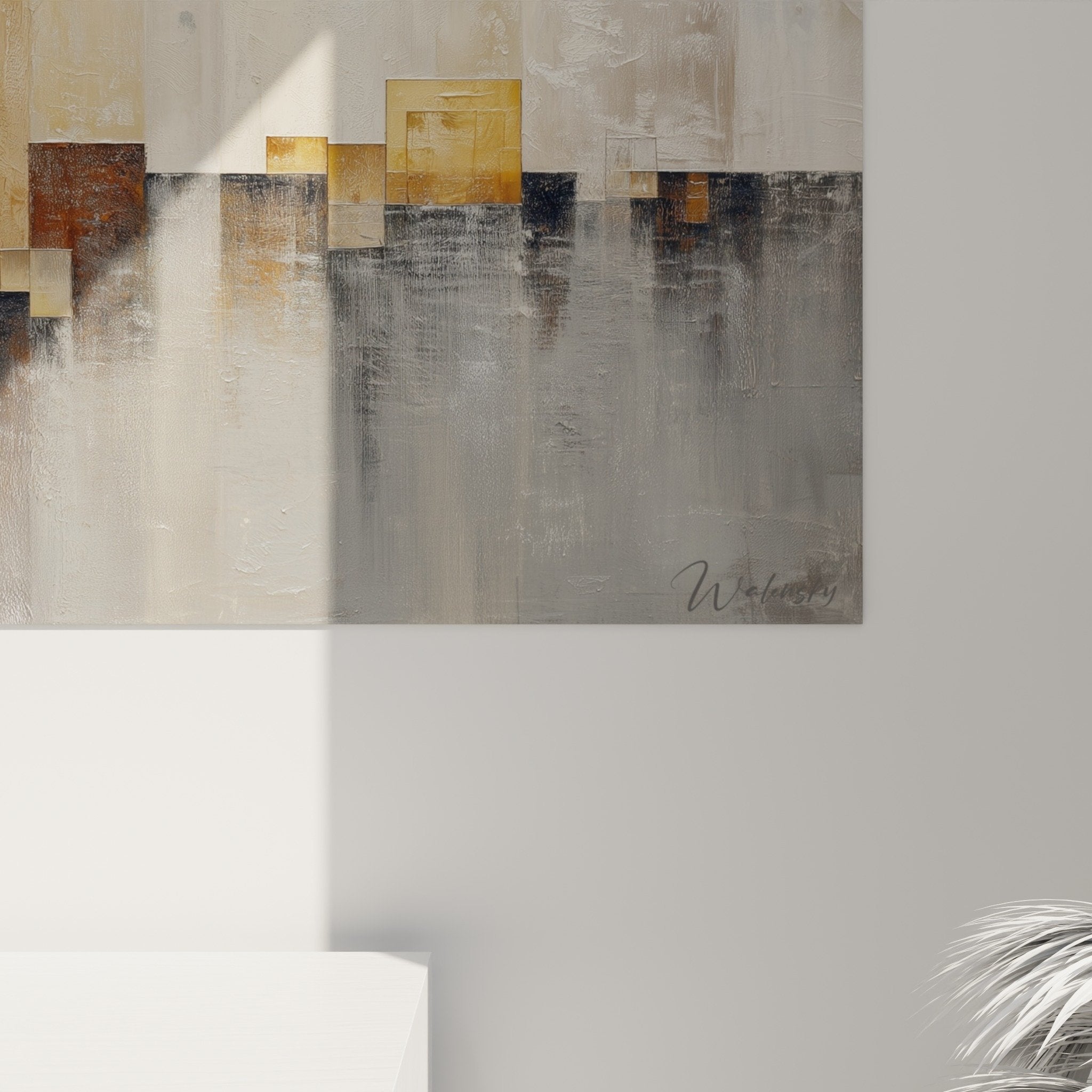Overall view abstract skyline golden gray feng shui west metal wall art