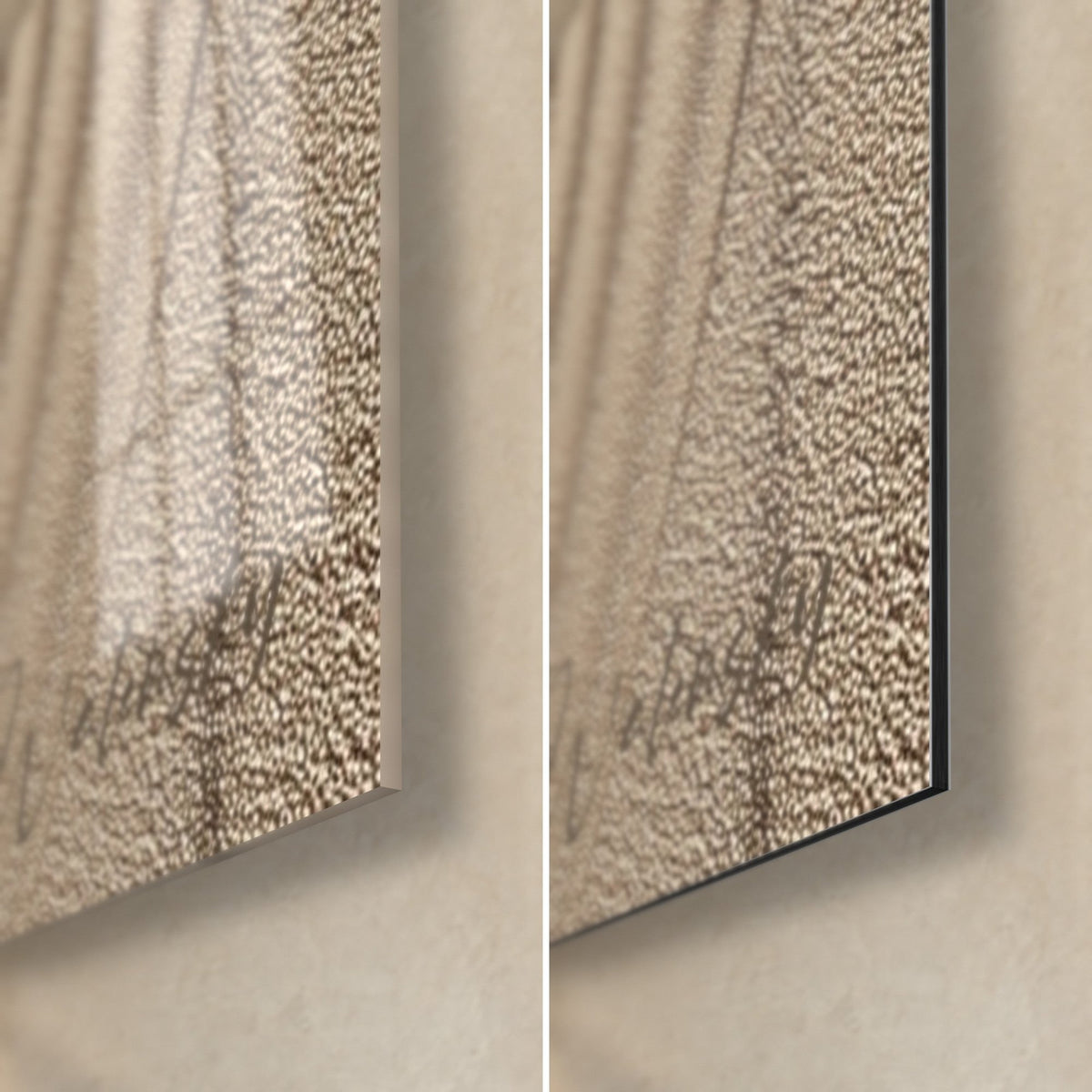 Wall art with a beige and ivory sand spiral, bottom right corner: glossy glass on the left, matte black Dibond aluminium on the right, 3 mm edge