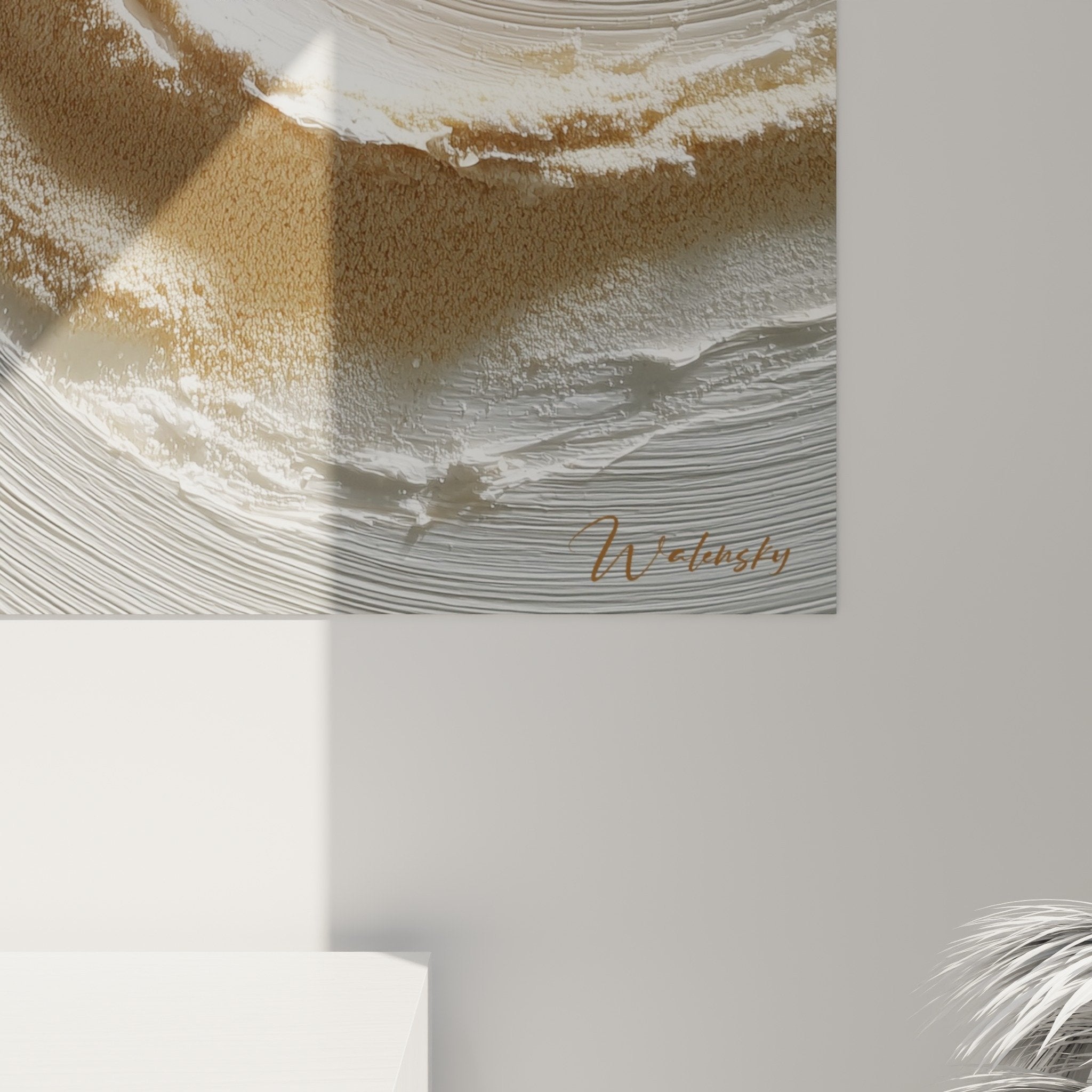 Vue perspective tableau relief spirale doree beige feng shui centre terre decoration murale zen