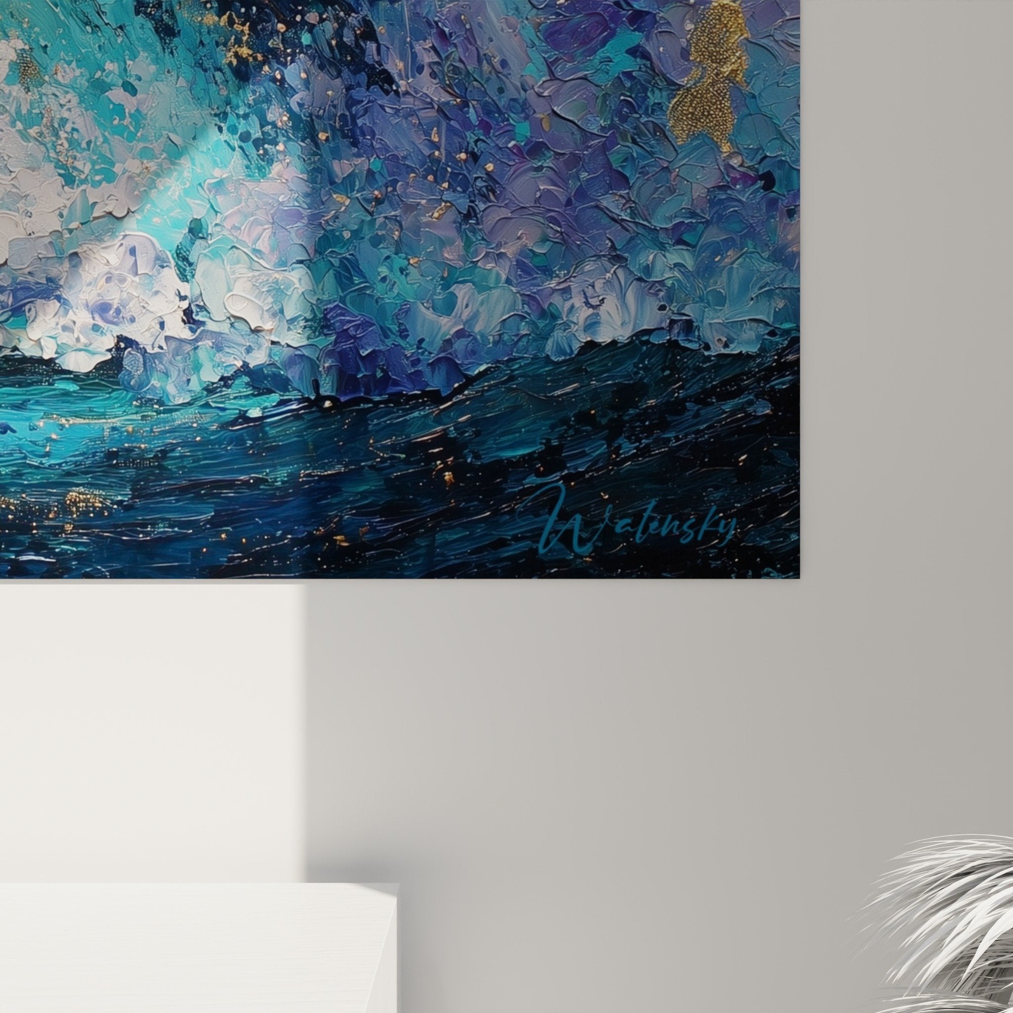 Full view spiral wave turquoise gold wall art feng shui north water decor
