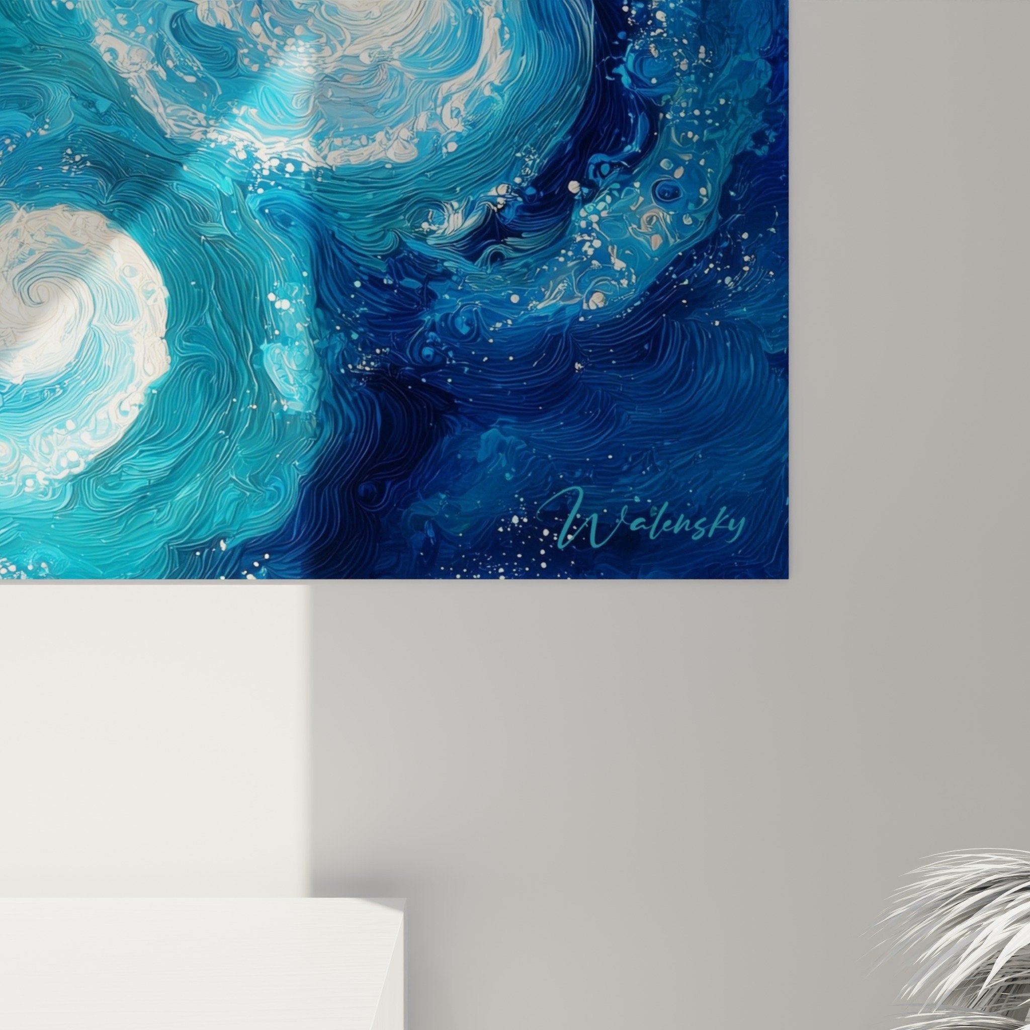 Panoramic view of blue turquoise cosmic spirals wall art feng shui water element north living room decor