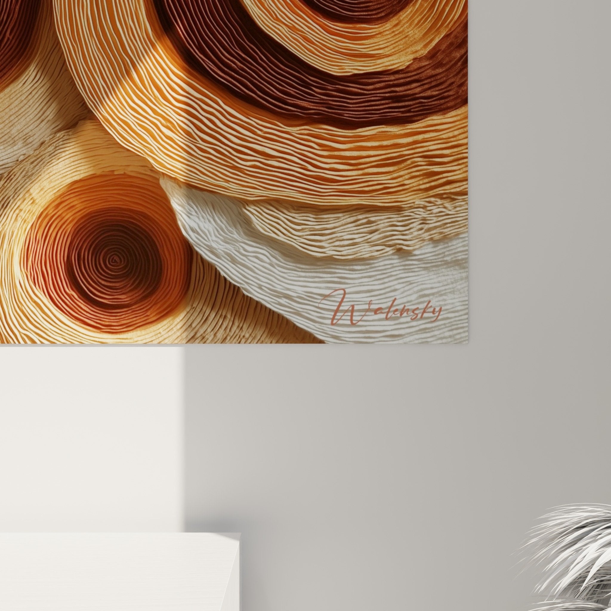 Full view organic spirals artwork earth tones feng shui northeast wall decor