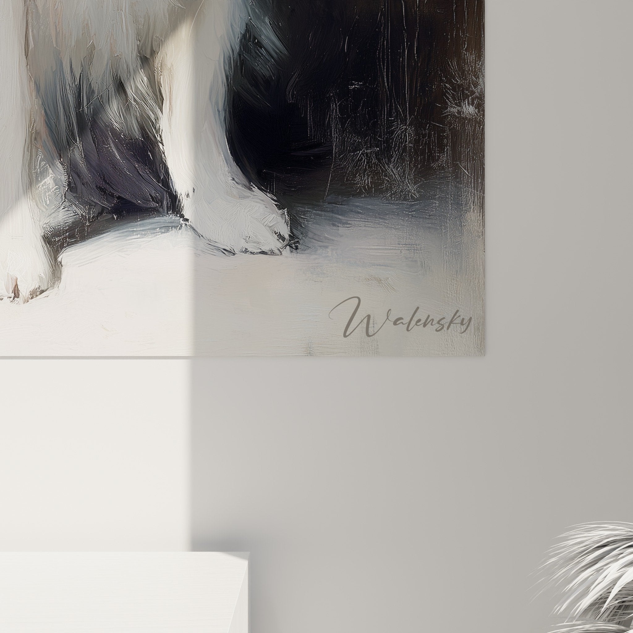 Vue d'ensemble tableau Spitz Japonais blanc sur fond gris, œuvre décorative pour intérieur moderne