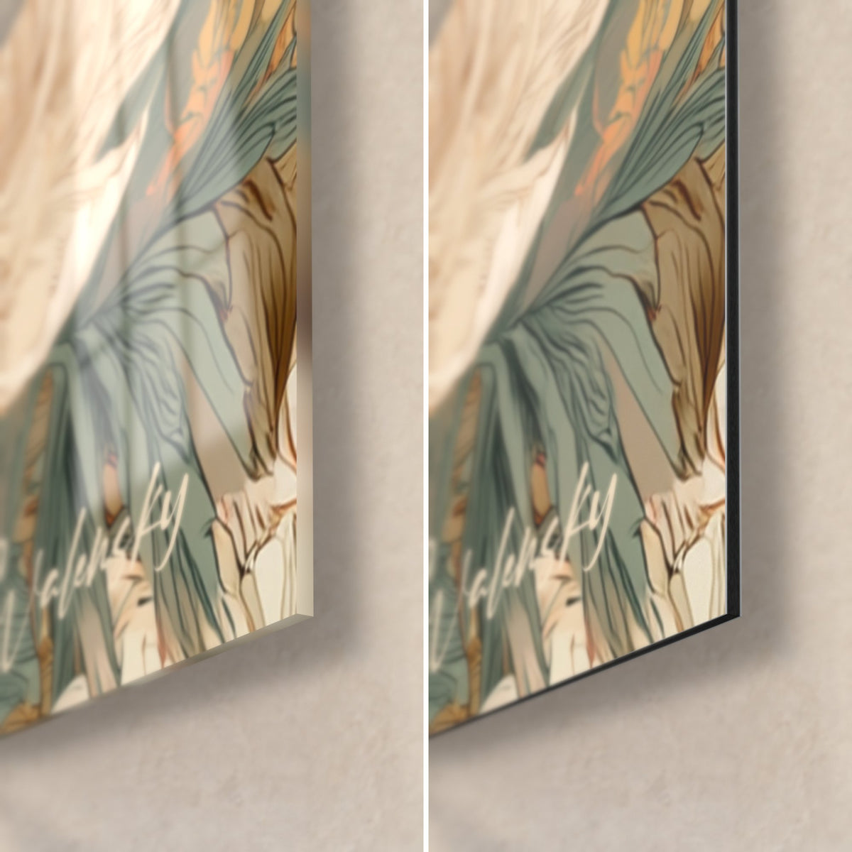 Gemälde eines weißen japanischen Spitz, rechts unten im Bild: glänzendes Acrylglas links, mattschwarzes Dibond rechts, salbeigrüne Blätter