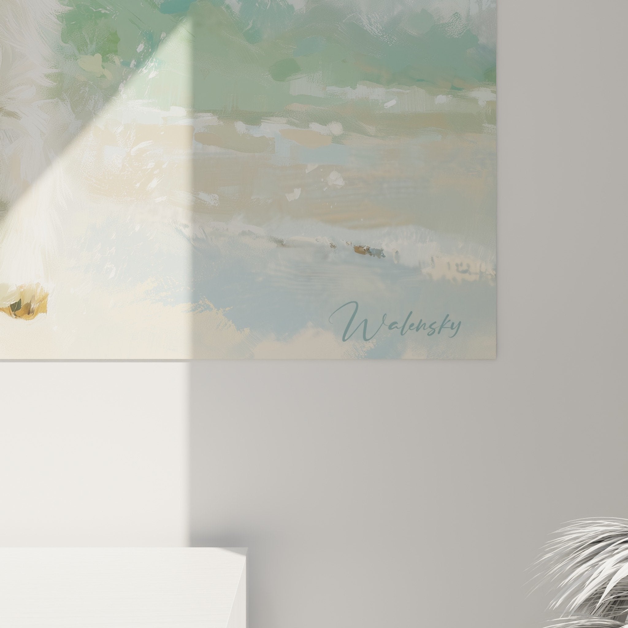 Vista d'insieme quadro Spitz Giapponese onde turchesi - arte murale coastal-chic salotto moderno