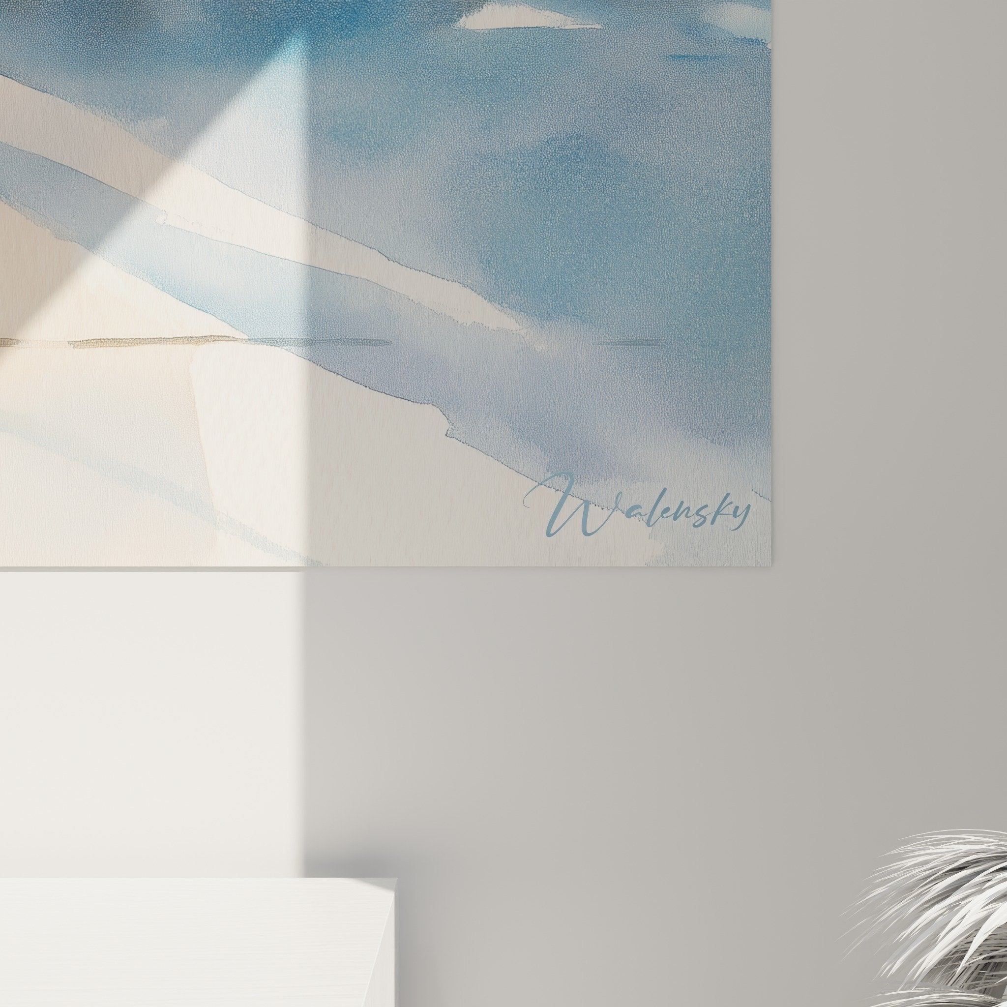 Vue ensemble tableau mural Spitz Japonais tons bleus blancs style aquarelle decoration moderne