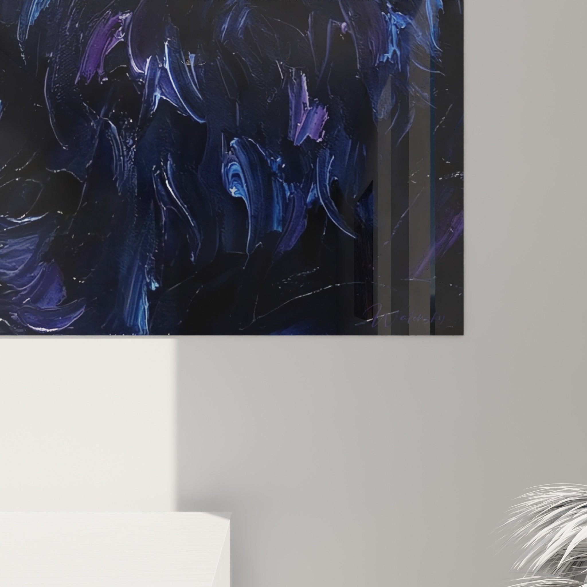 Vue ensemble tableau portrait spitz pomeranien palette bleue violette décoration murale art canin moderne
